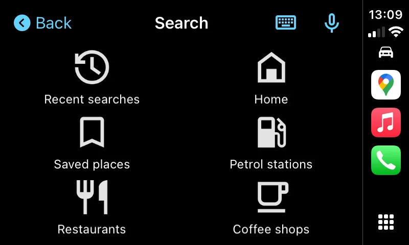 Các tùy chọn tìm kiếm địa điểm trên Google Maps qua CarPlay, bao gồm lịch sử, nhà, trạm xăng, nhà hàng.
