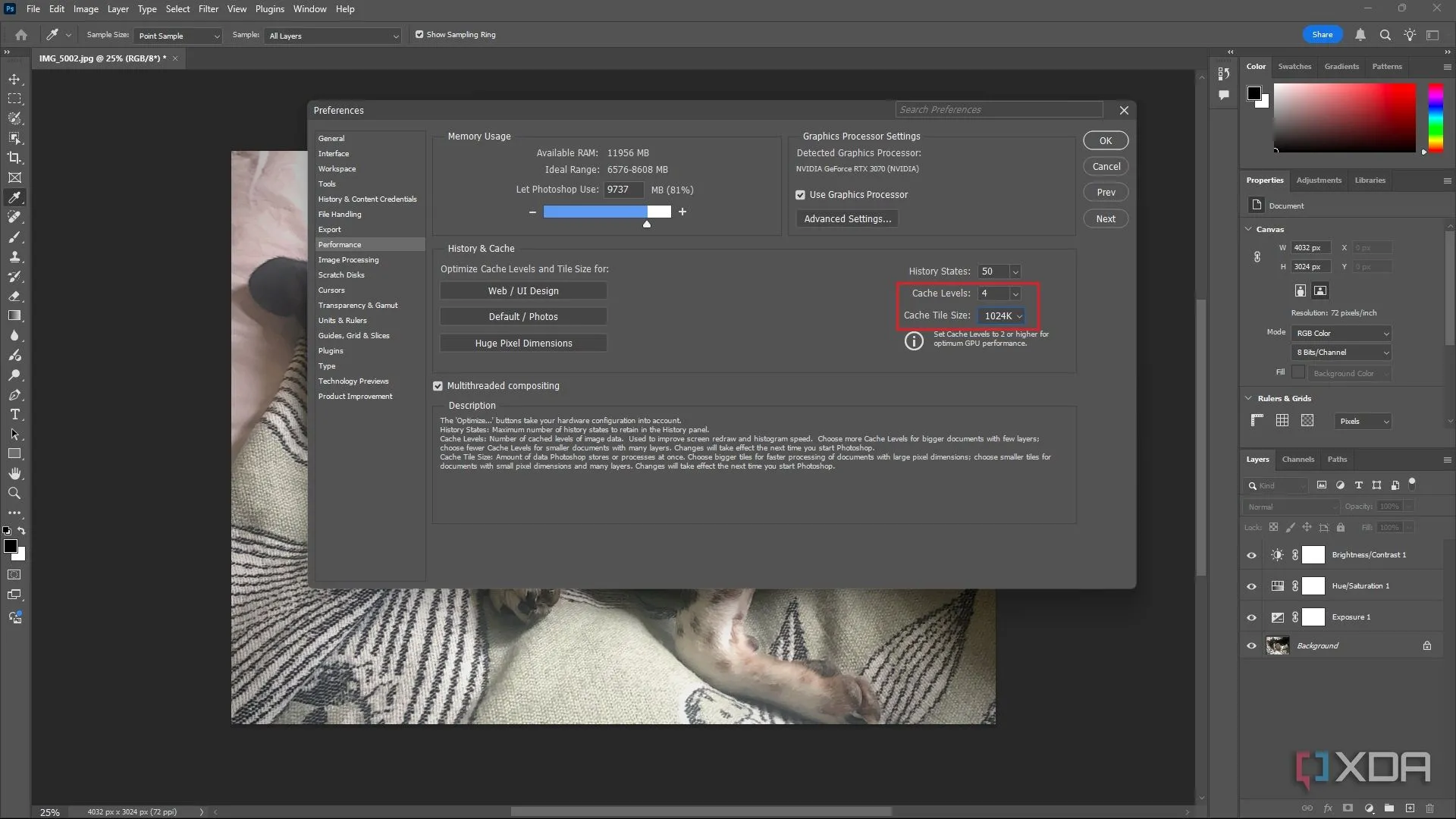 Cài đặt Cache Levels và Cache Tile Size trong mục Performance của Photoshop