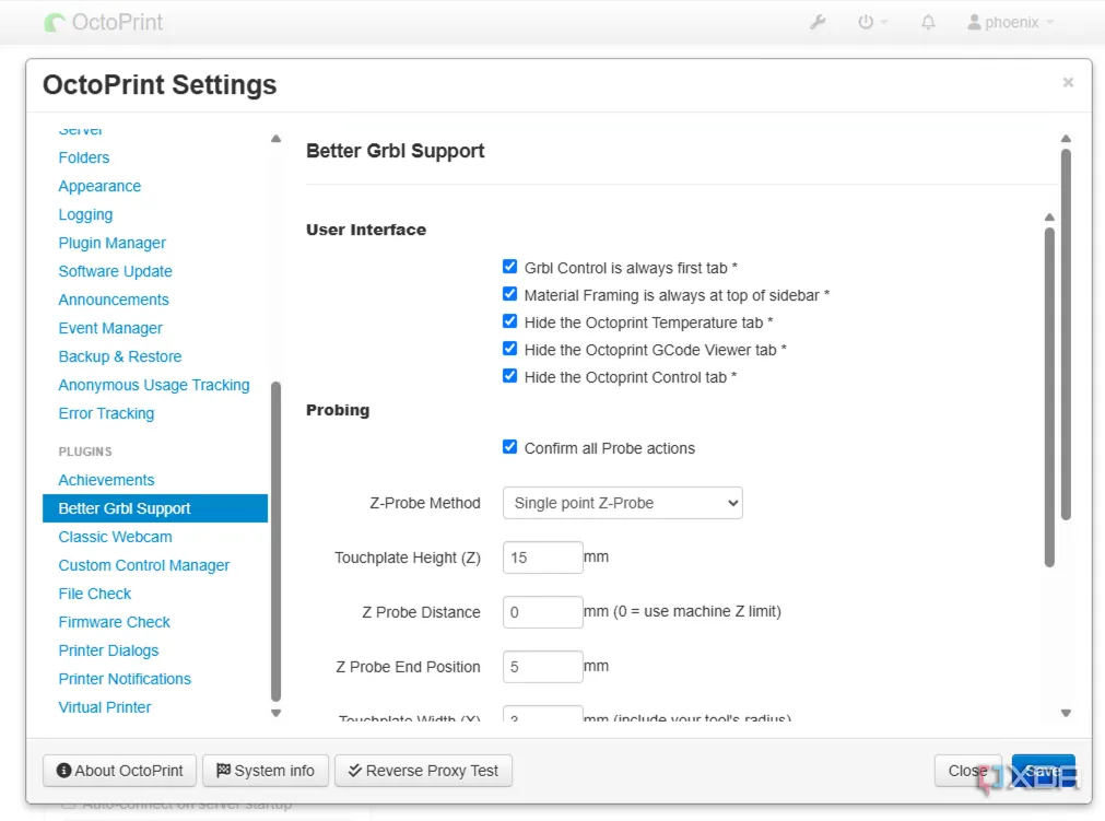 Cài đặt chi tiết của plugin Bettergrblsupport trong OctoPrint, điều chỉnh cho máy khắc laser