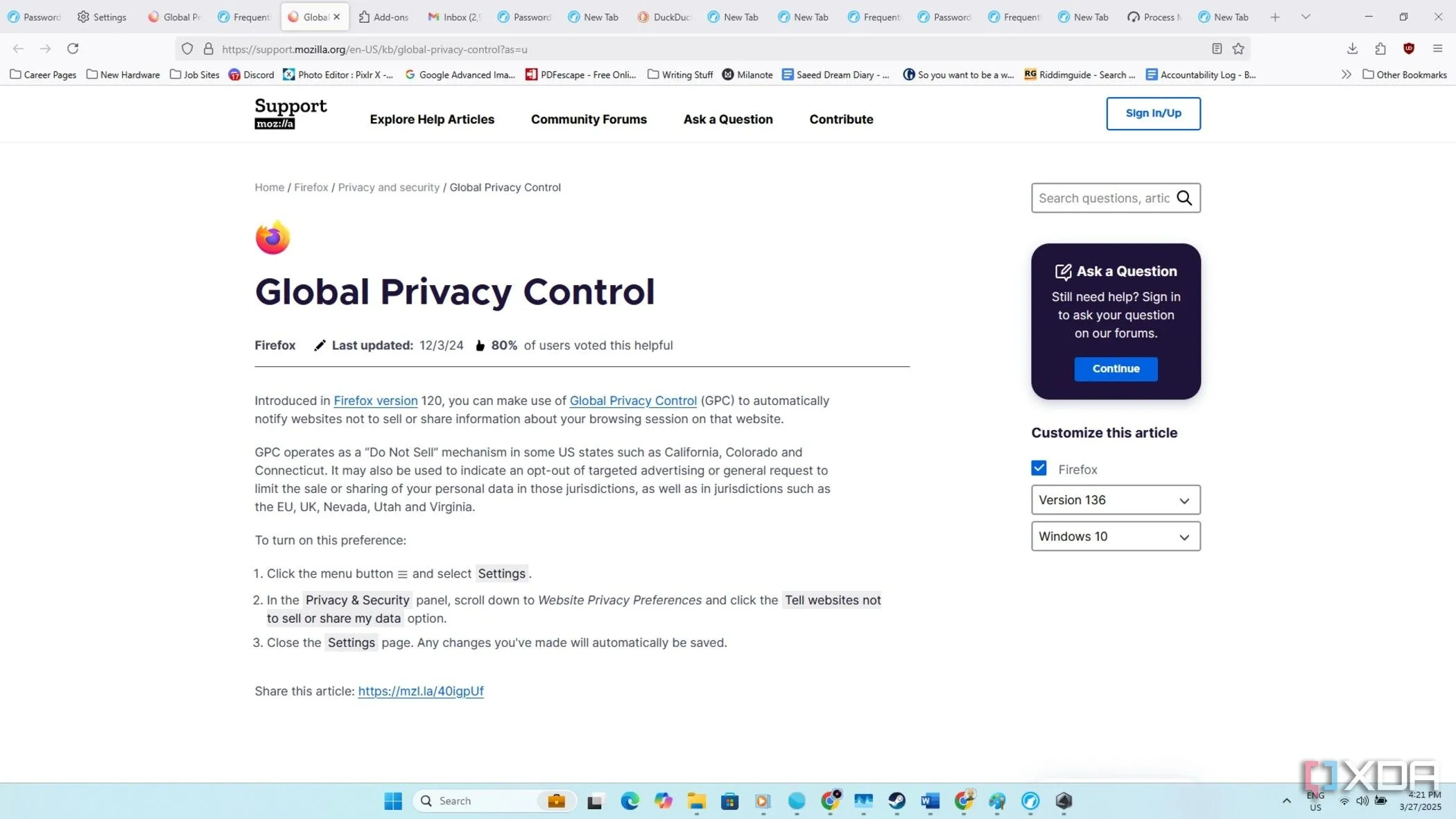 Cài đặt Global Privacy Control (GPC) trong LibreWolf, cho phép người dùng từ chối theo dõi.
