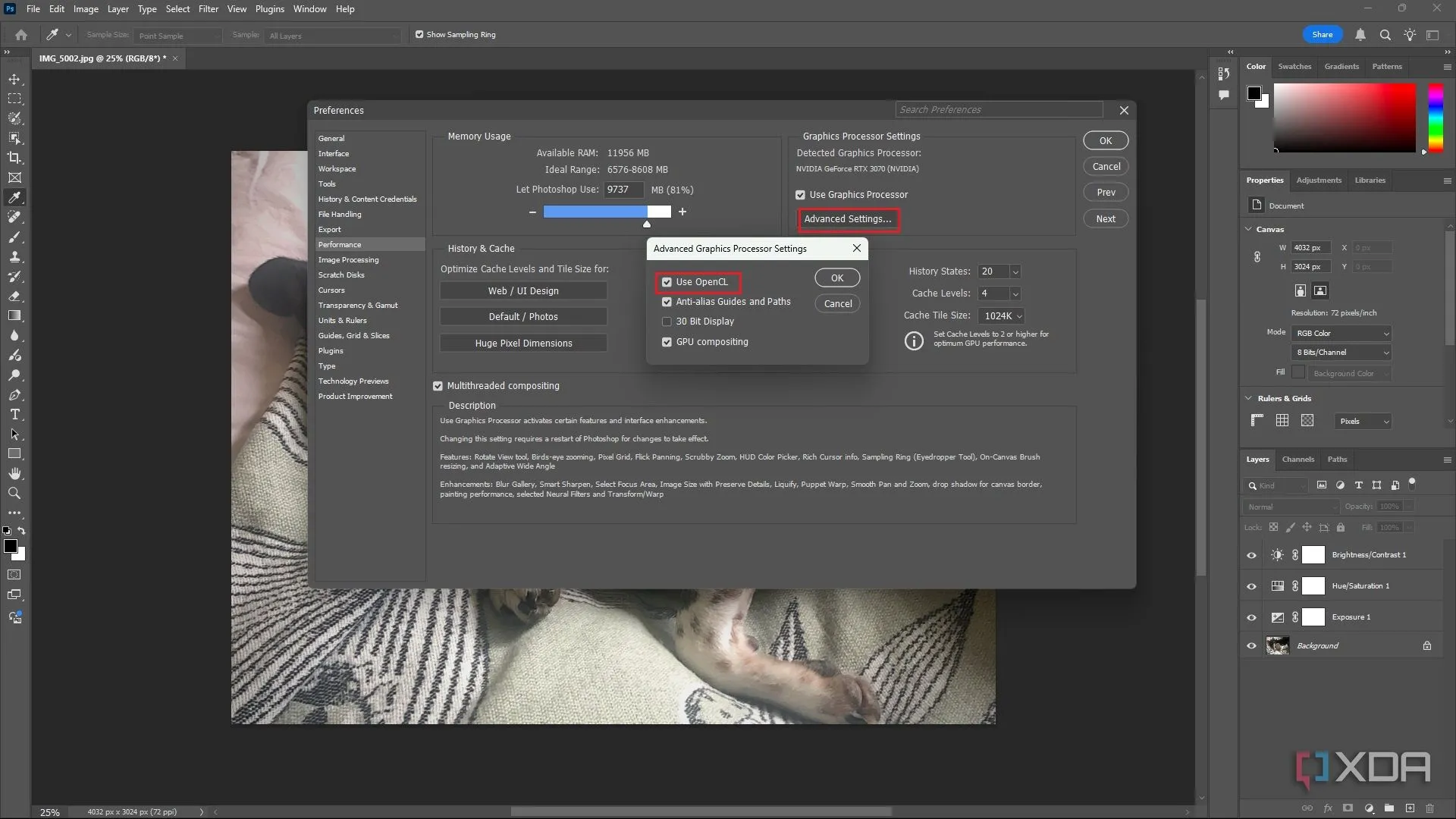 Cài đặt nâng cao để bật OpenCL trong Graphics Processor Settings của Photoshop