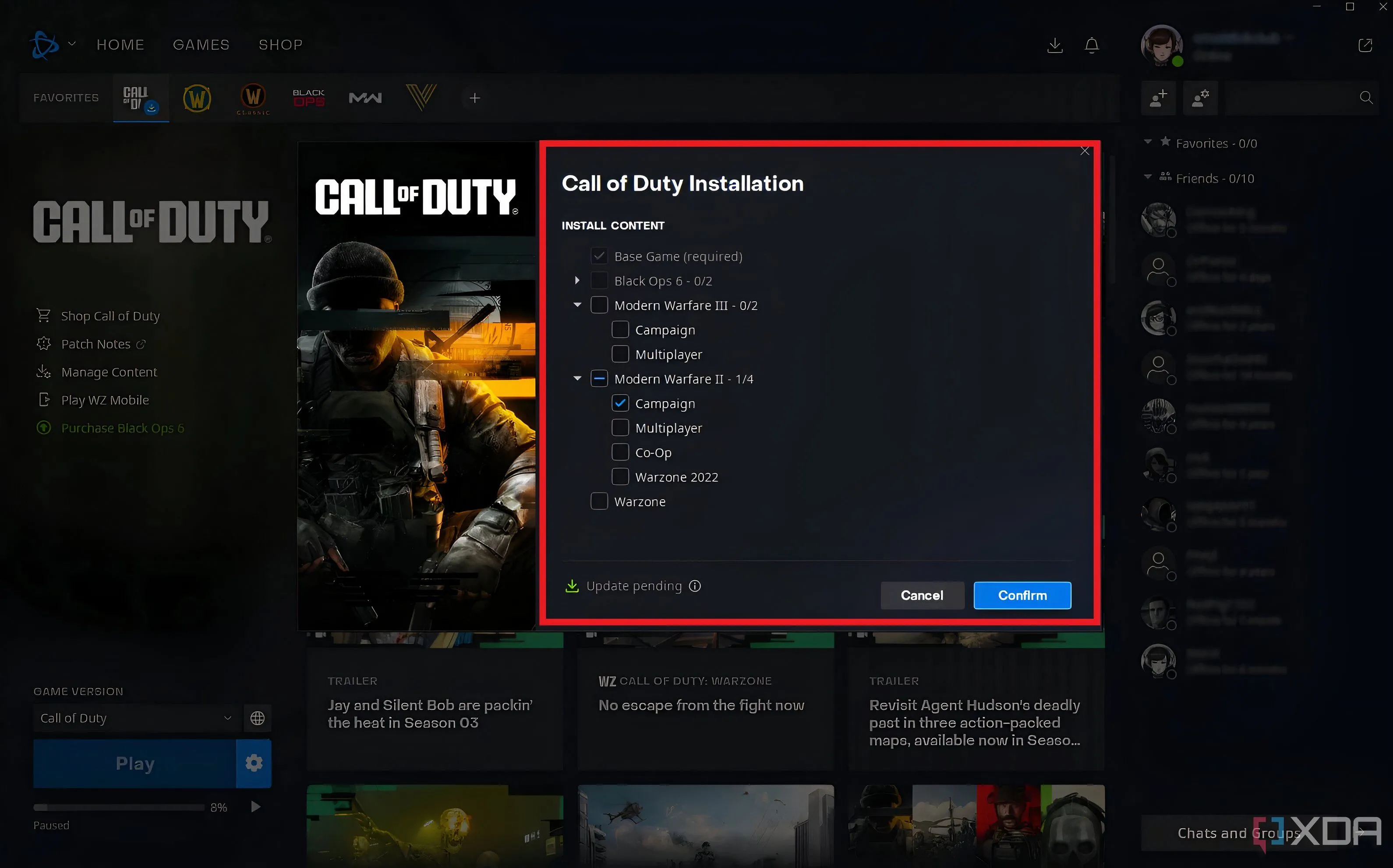 Cài đặt tùy chỉnh cho Call of Duty trong Battle.net cho phép người dùng chọn nội dung cài đặt