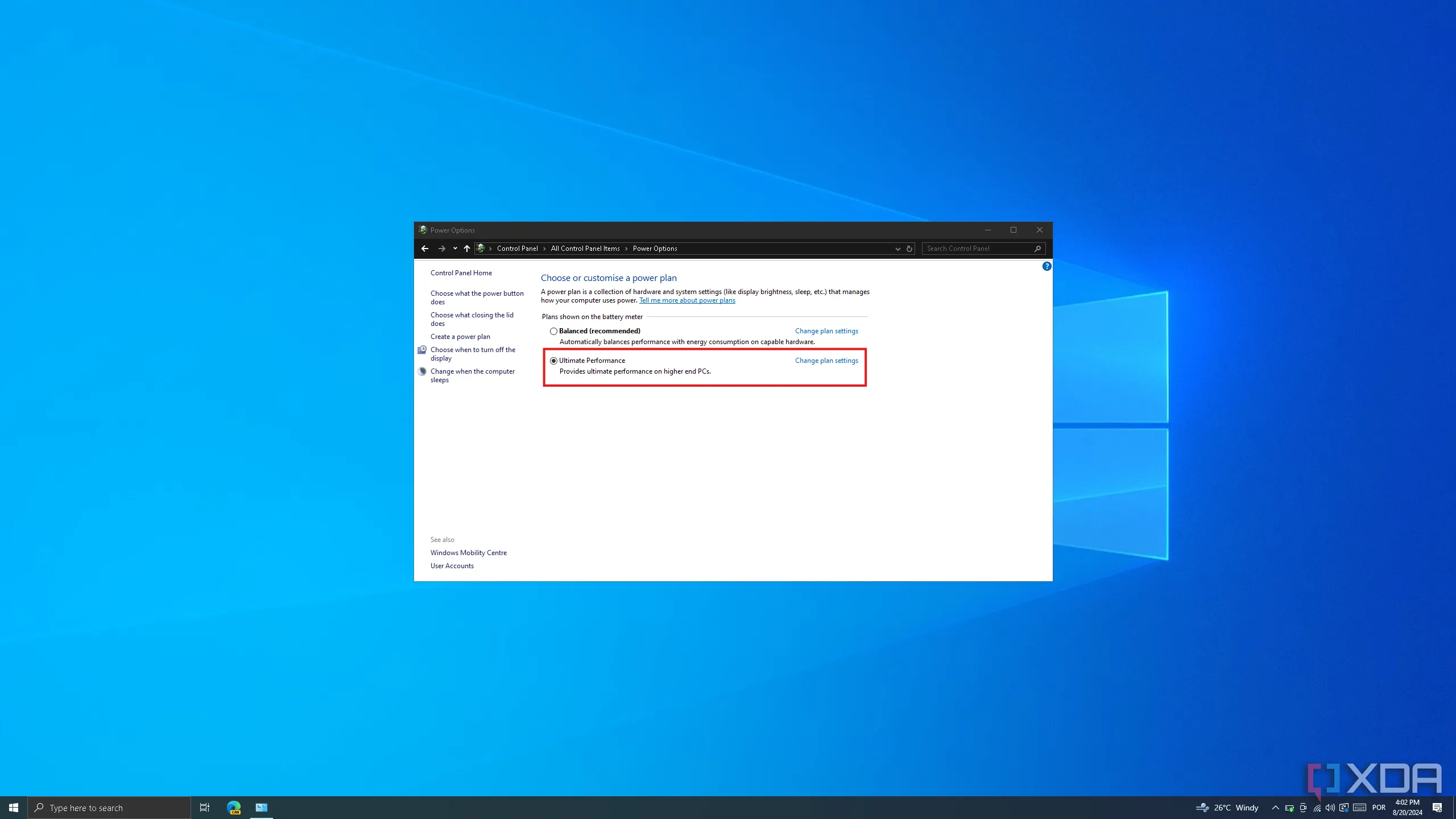Cài đặt tùy chọn nguồn điện trong Control Panel Windows 10 với chế độ Hiệu suất Tối ưu được chọn.