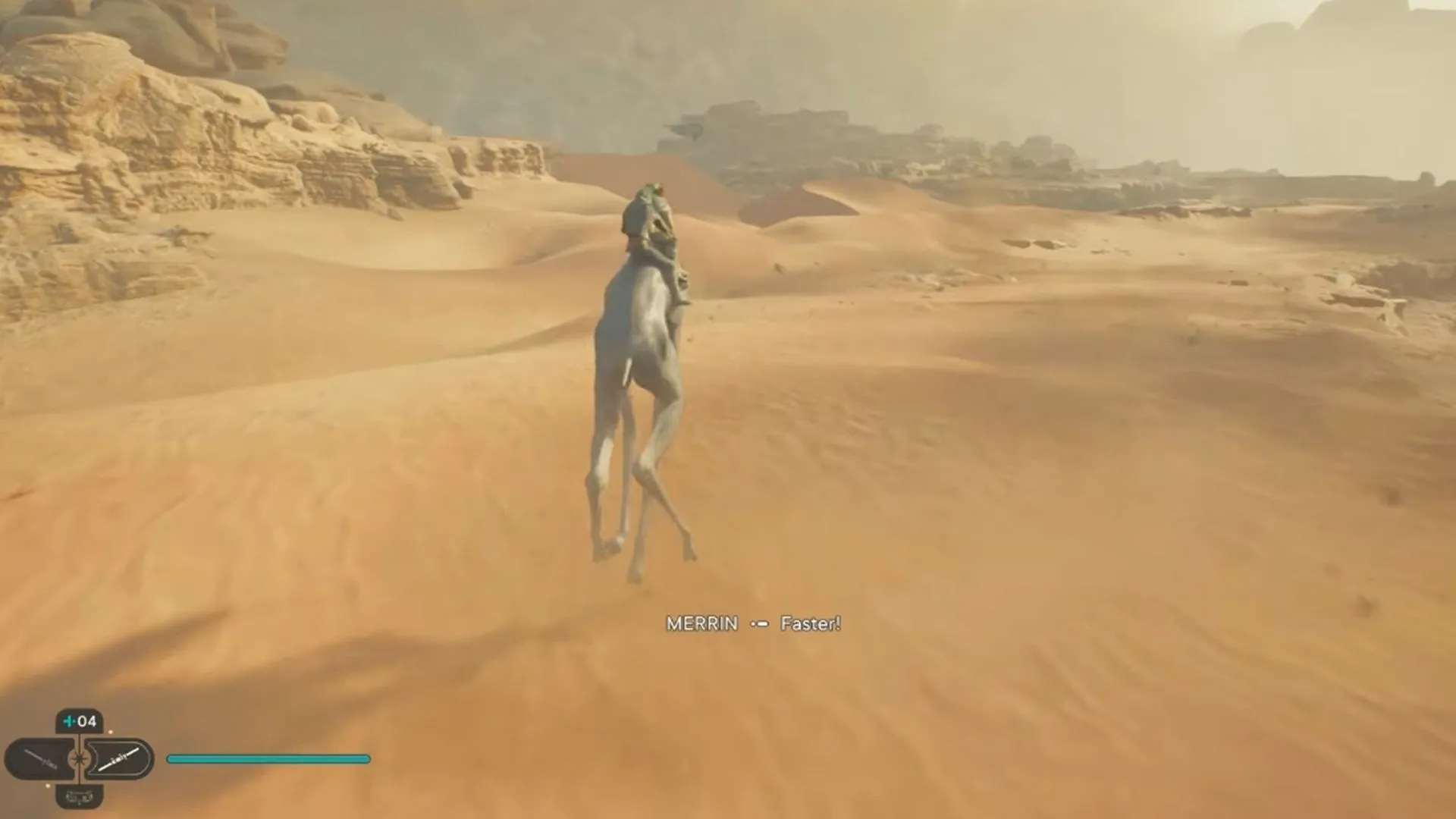 Cal Kestis cưỡi sinh vật băng qua những cồn cát rộng lớn trên hành tinh Jedha trong Star Wars Jedi: Survivor