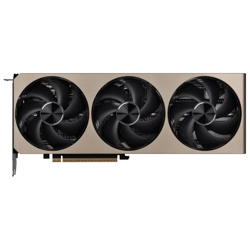Cận cảnh card đồ họa MSI Inspire GeForce RTX 5080 3X OC hiển thị hệ thống tản nhiệt và quạt