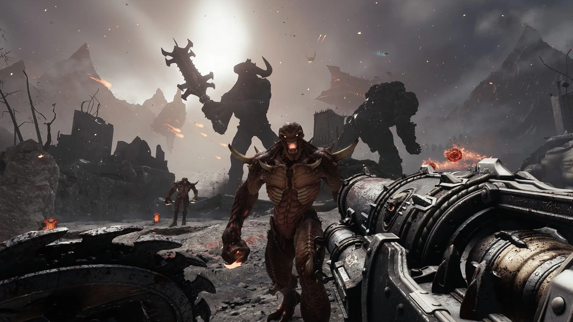 Cận cảnh Doomslayer với Khiên cưa và vũ khí cận chiến trong Doom The Dark Ages