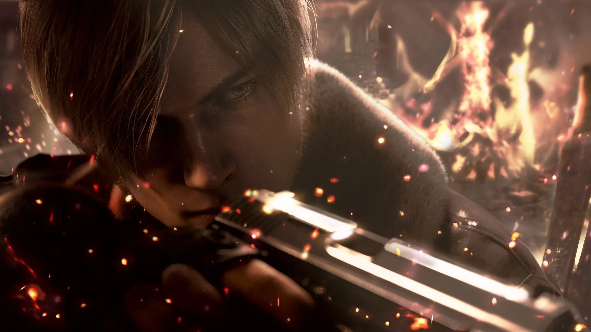 Cận cảnh nhân vật Leon Kennedy trong Resident Evil 4, minh họa lối chơi bắn súng góc nhìn thứ ba