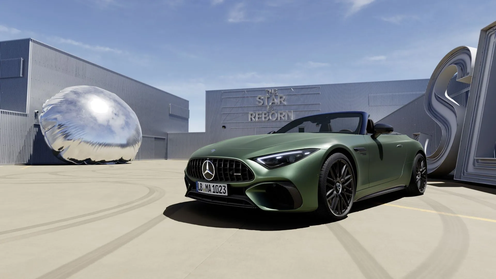Cận cảnh phía trước bên phải của chiếc Mercedes-AMG SL 2025 màu xanh lá cây