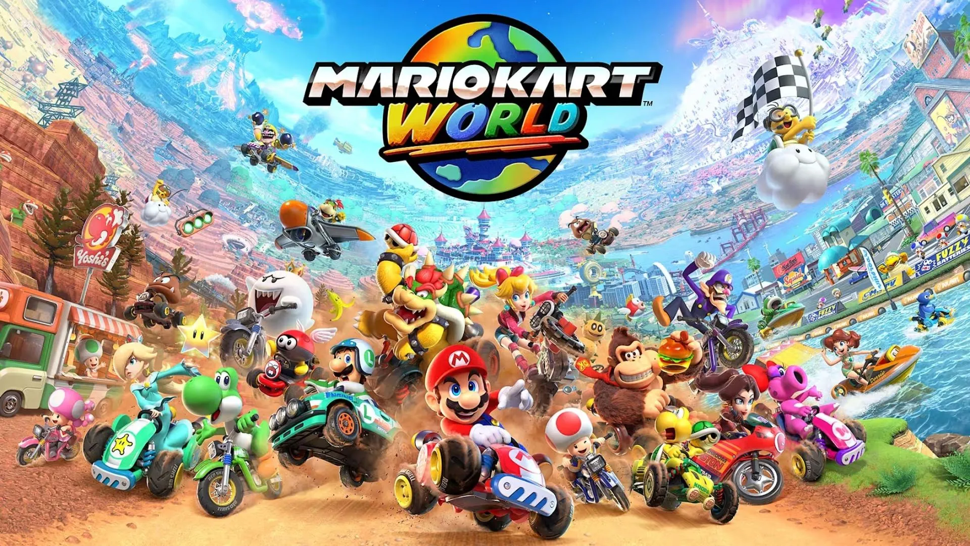 Cảnh 24 tay đua Mario Kart World tranh tài trên đường đua rộng lớn, thể hiện sự hỗn loạn và kịch tính