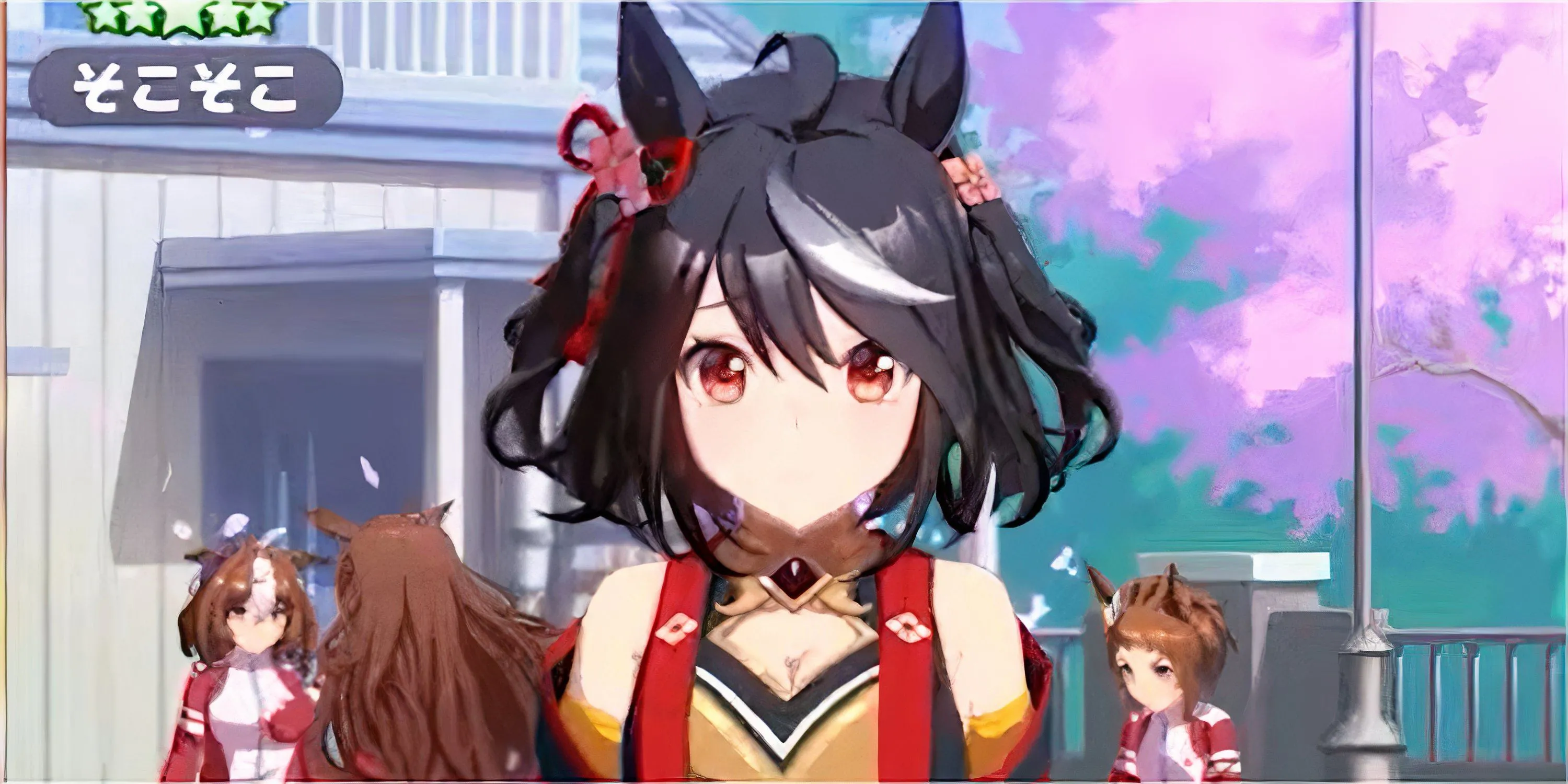 Cảnh các cô gái ngựa anime đang tập luyện trong Umamusume: Pretty Derby