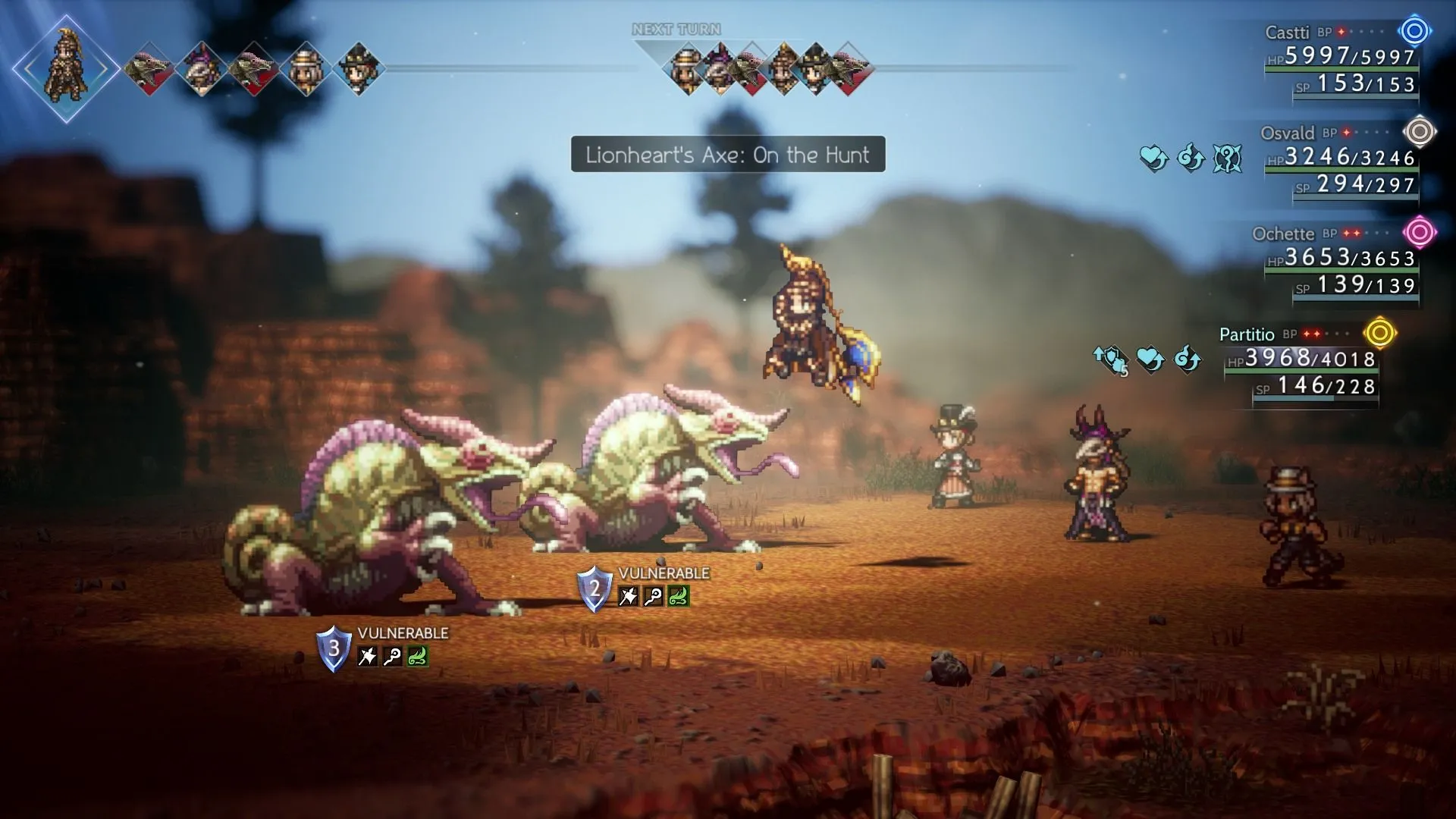 Cảnh chiến đấu ấn tượng với kỹ năng Lionheart's Axe trong game Octopath Traveler 2
