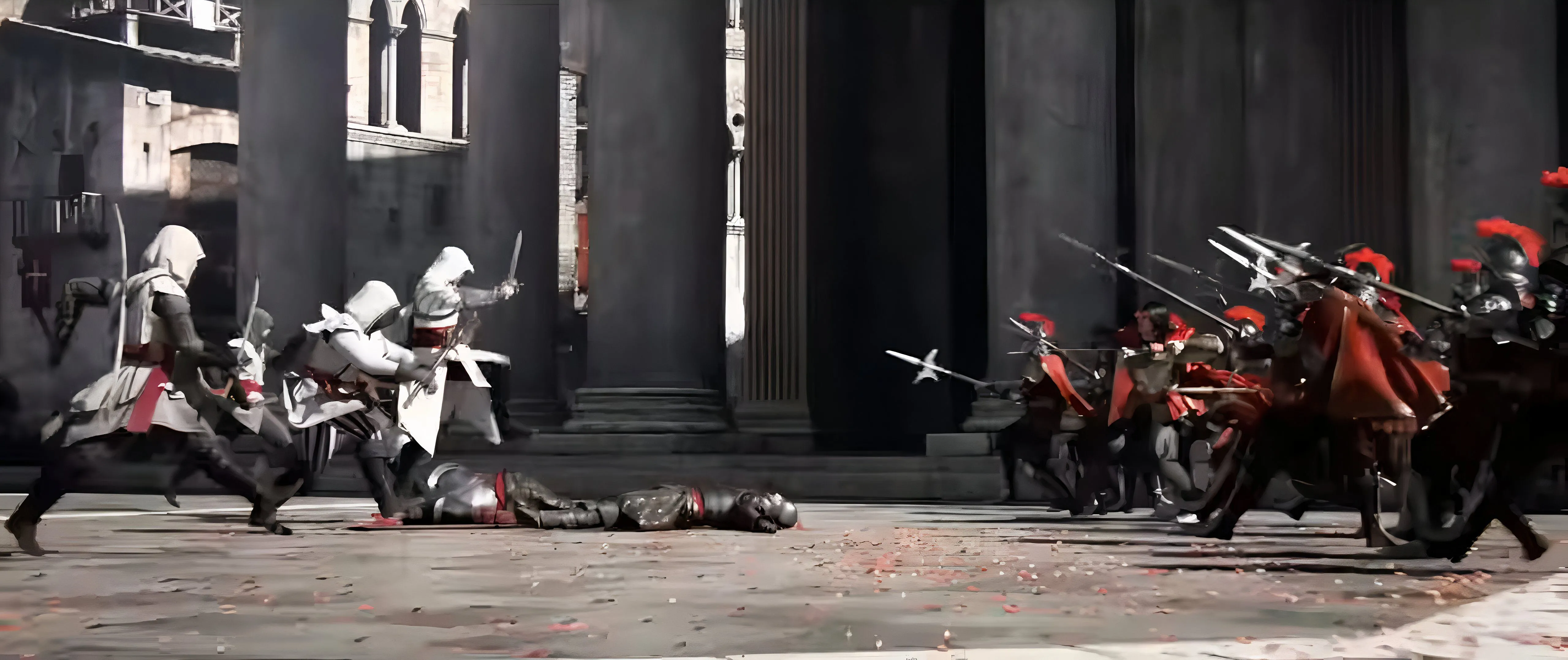 Cảnh chiến đấu giữa các Sát Thủ (Assassins) và Hiệp Sĩ Dòng Đền (Templars) tại Rome, minh họa cuộc xung đột trung tâm của dòng game Assassin's Creed.