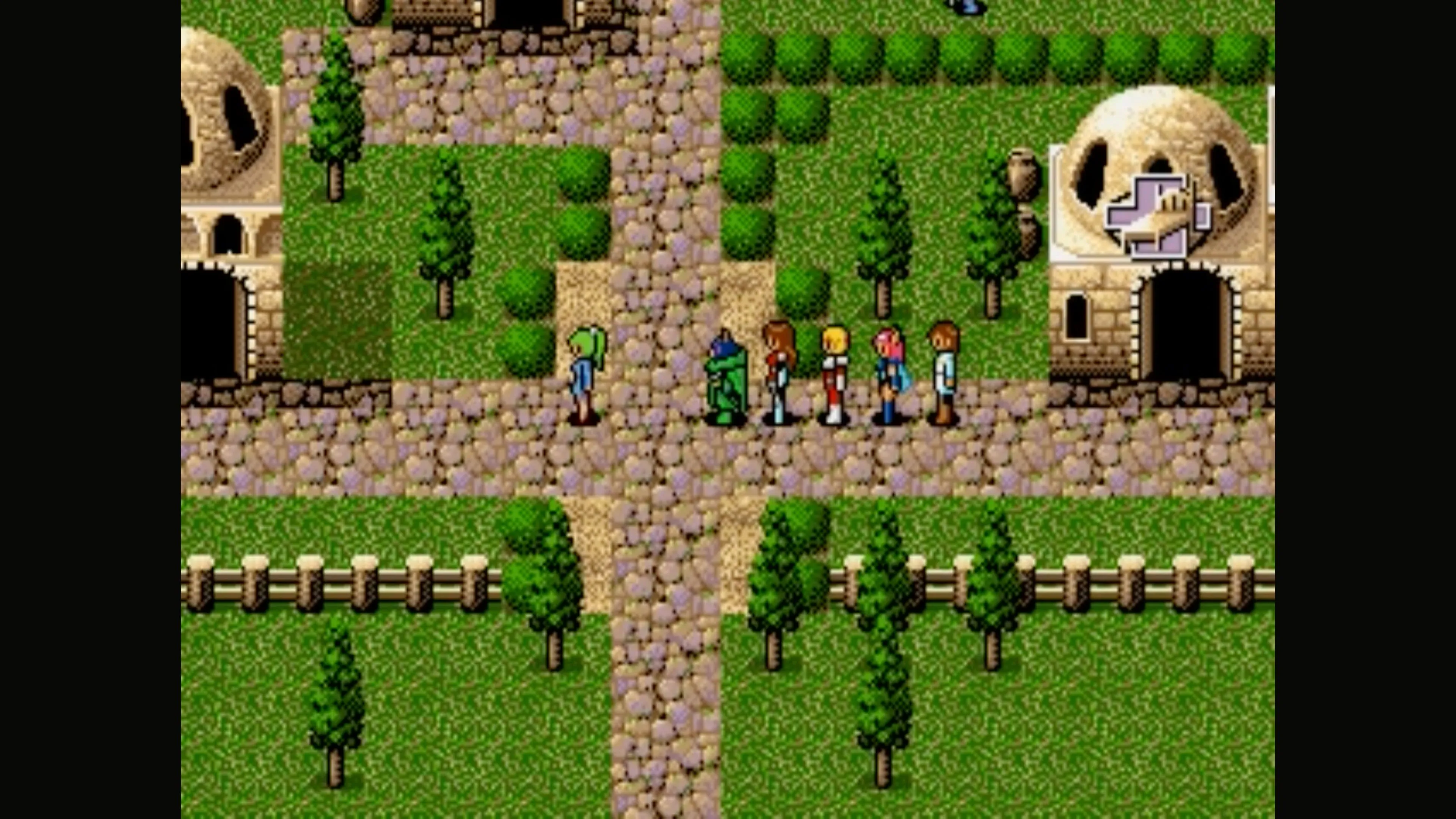 Cảnh chiến đấu theo lượt trong Phantasy Star IV với các nhân vật đối đầu với quái vật