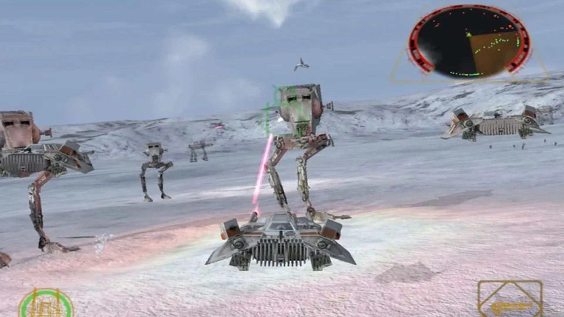 Cảnh chiến đấu trên không trong Star Wars Rogue Squadron II: Rogue Leader, một phi thuyền X-Wing đang né tránh đạn