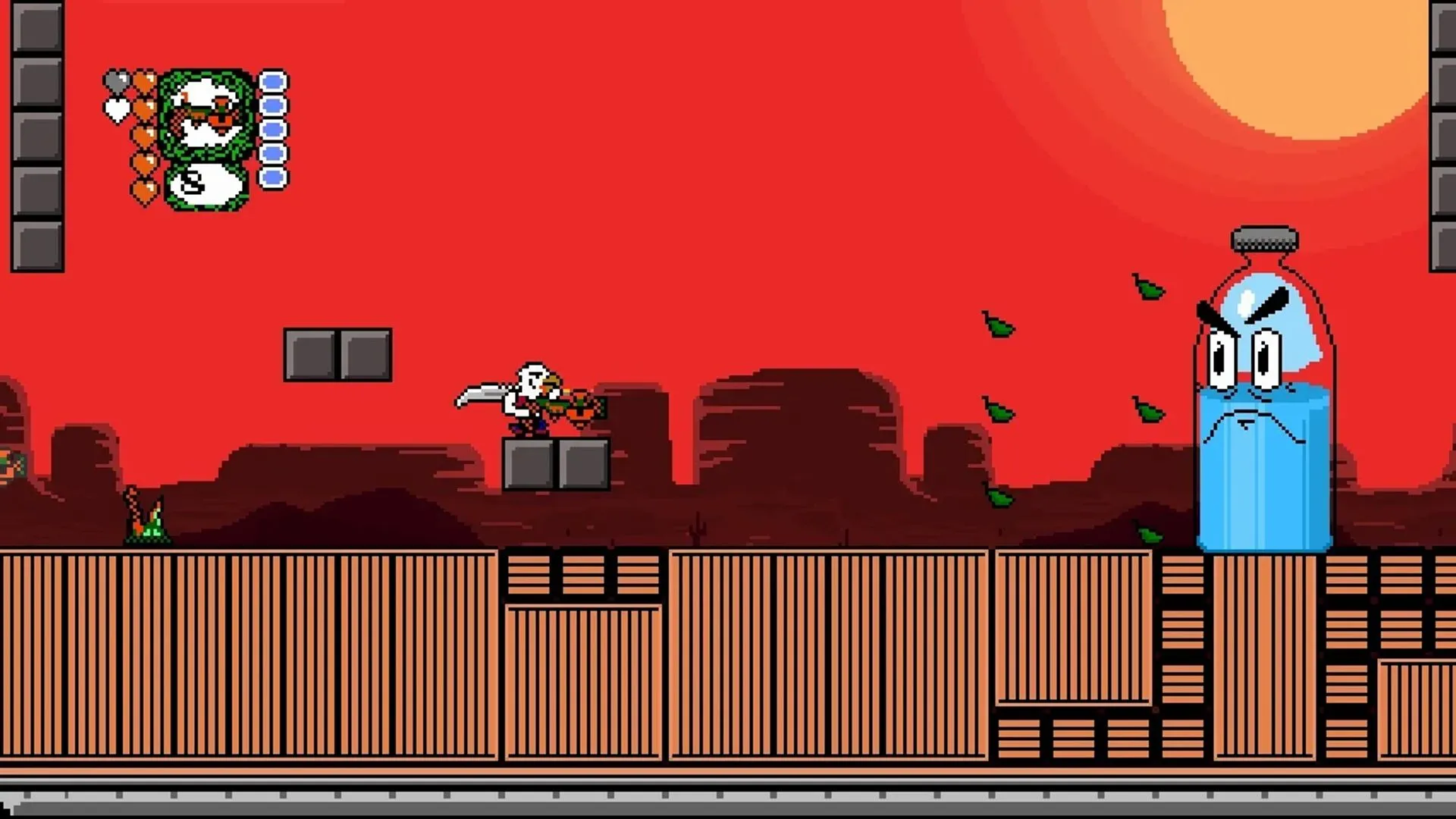 Cảnh chơi game Revenge of the Bird King với nhân vật Dwanye mang hình dạng nửa người nửa chim đang chạy và bắn trong môi trường 16-bit, một tựa game platformer hành động trên PlayStation Vita.