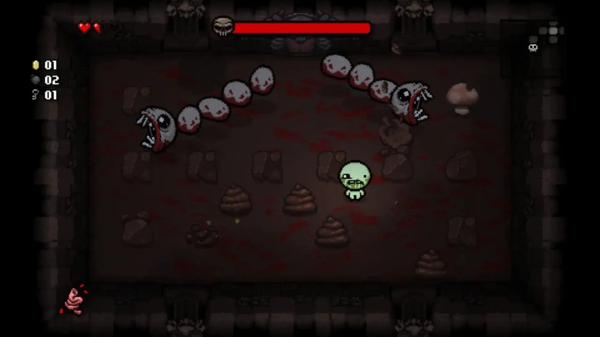 Cảnh chơi game The Binding of Isaac: Rebirth trên PS Vita, hiển thị nhân vật Isaac trong hầm ngục chiến đấu với quái vật bằng giọt nước mắt, thể hiện đồ họa pixel art đặc trưng của game roguelike.