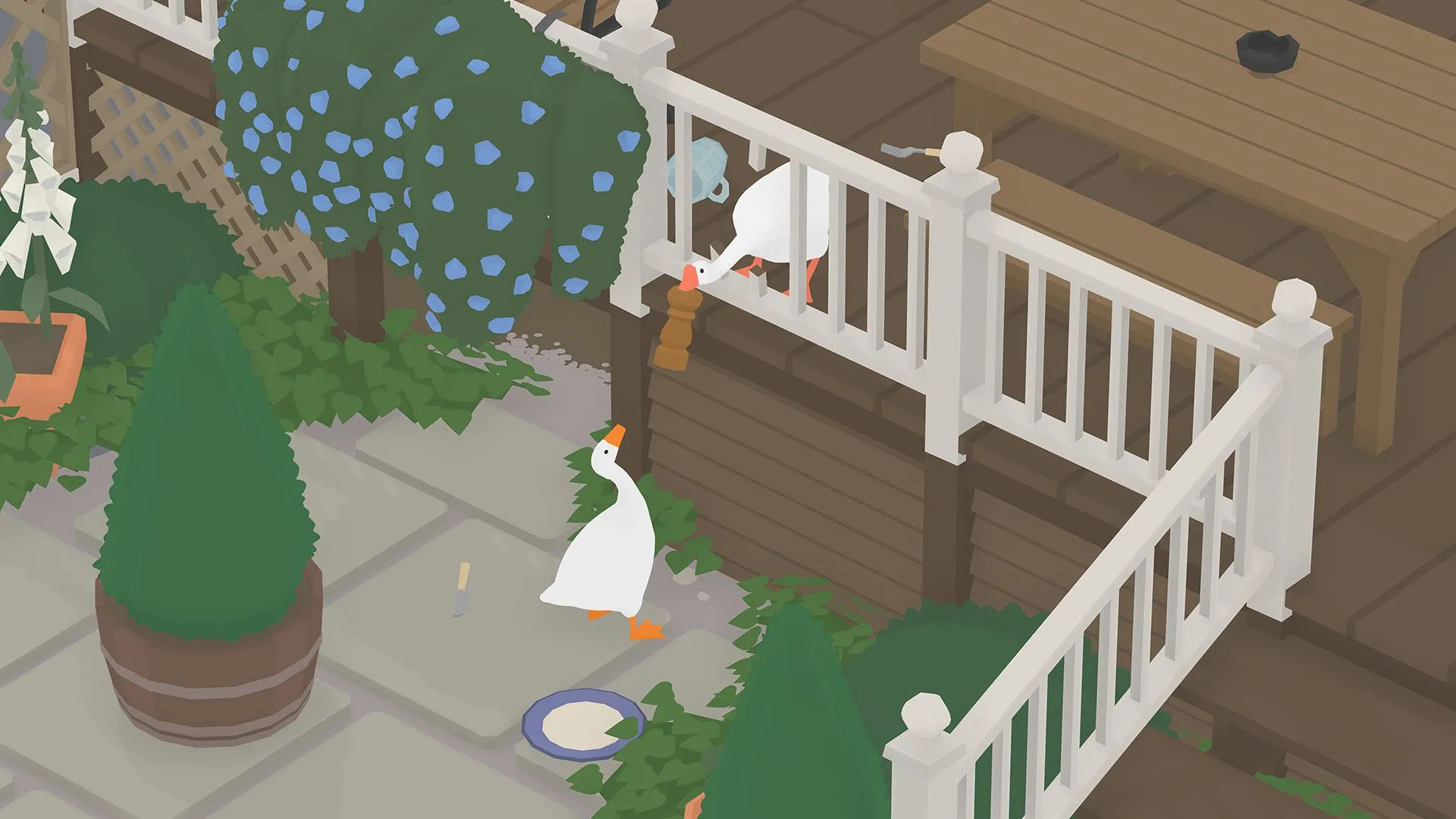 Cảnh chơi game Untitled Goose Game, một game co-op độc đáo gợi nhớ đến thời kỳ game chia đôi màn hình