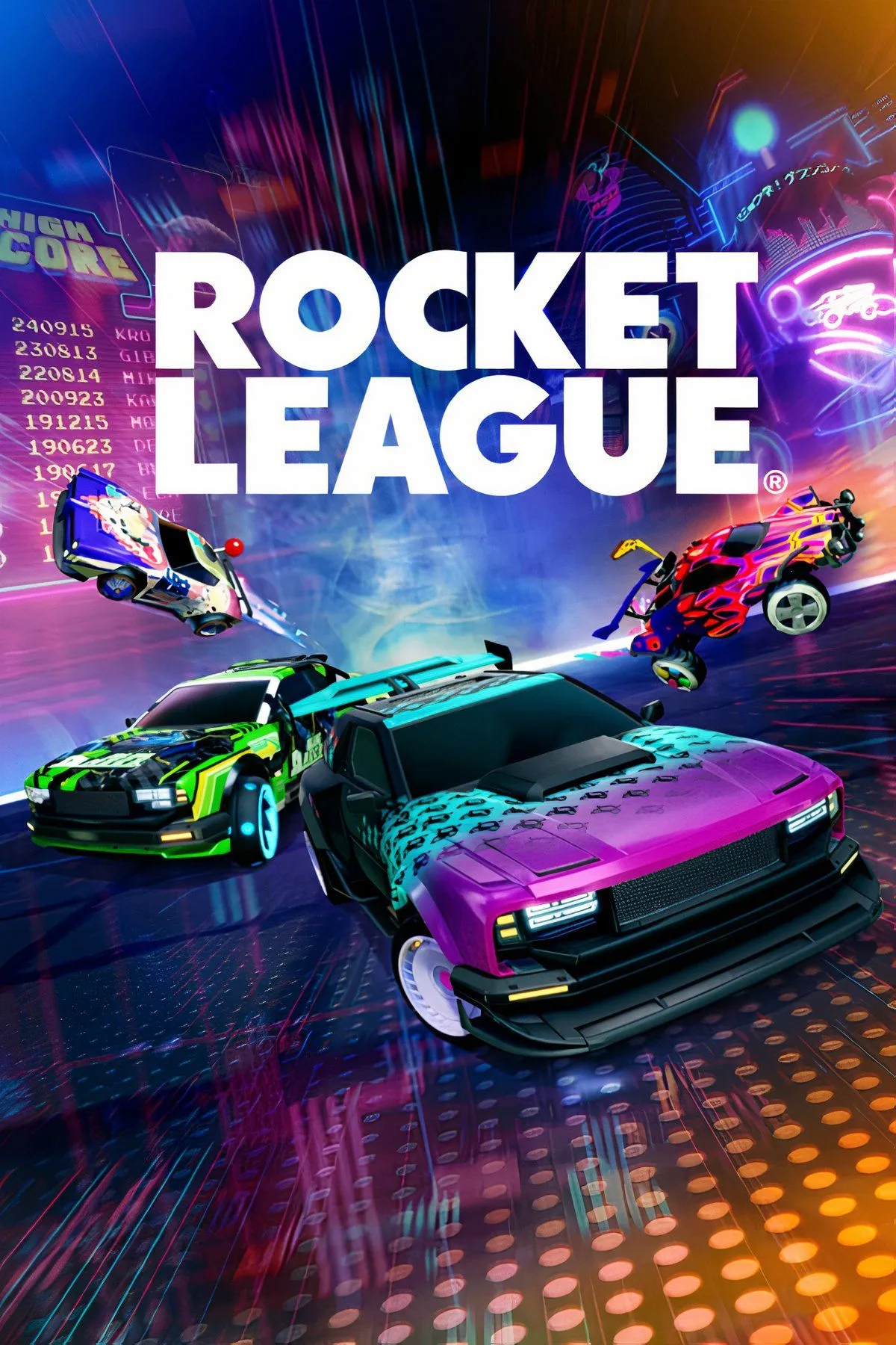 Cảnh chơi Rocket League với những chiếc ô tô đang đá bóng trong một đấu trường, minh họa lối chơi độc đáo và tính cạnh tranh online cho người mới.