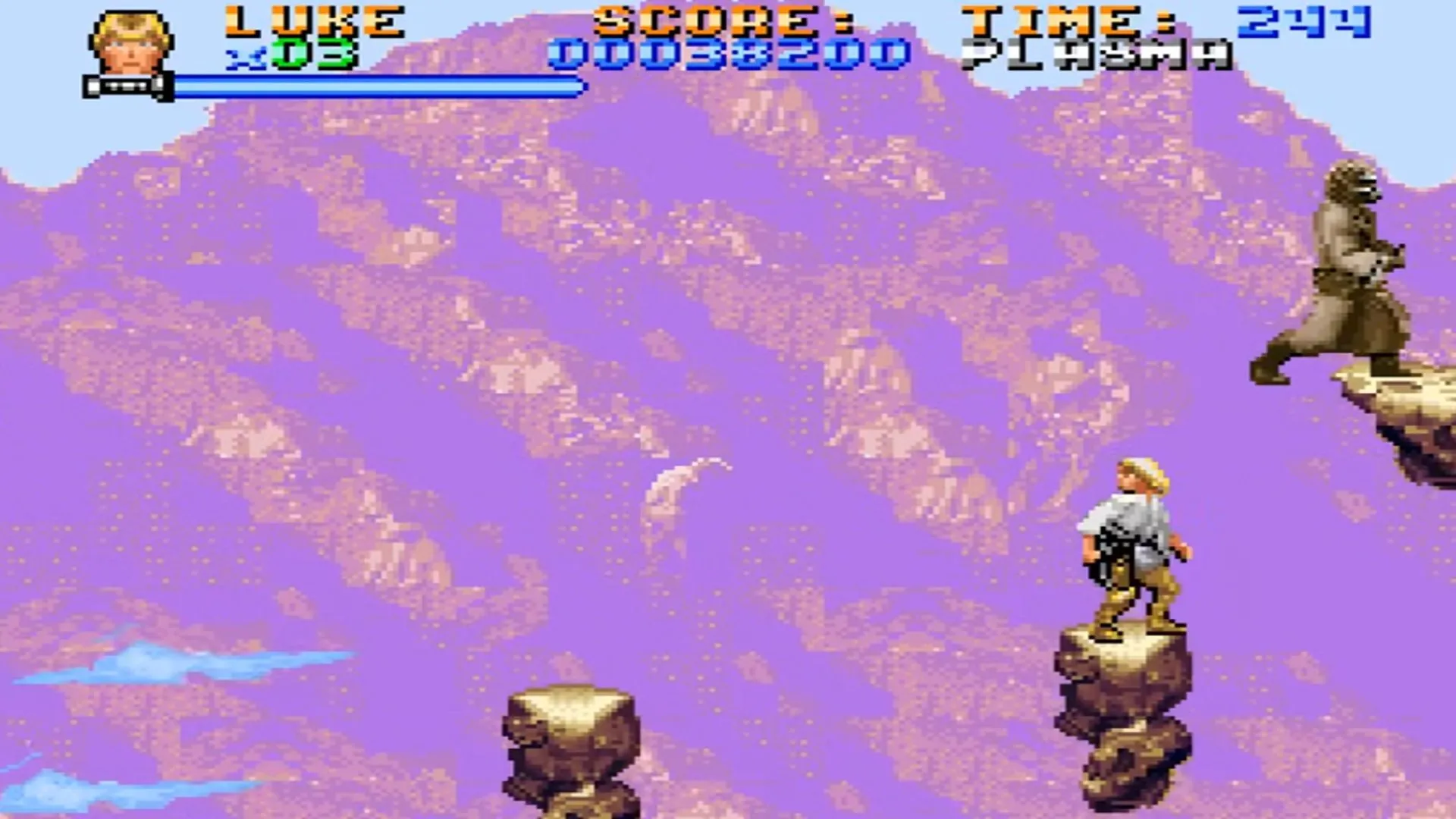 Cảnh game Super Star Wars trên SNES với Luke Skywalker chiến đấu, minh họa độ khó cao và gameplay hành động dồn dập của tựa game platformer kinh điển này.