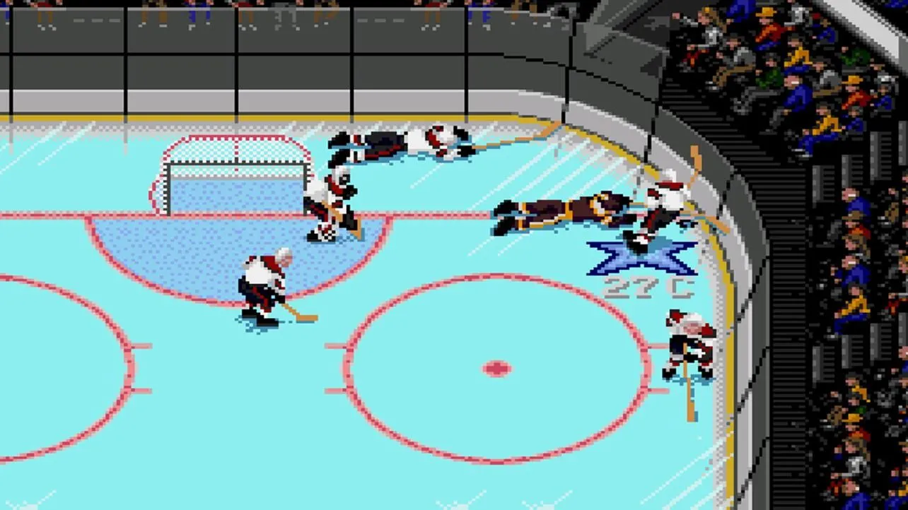Cảnh gameplay của NHL '94 với các cầu thủ khúc côn cầu trên sân băng