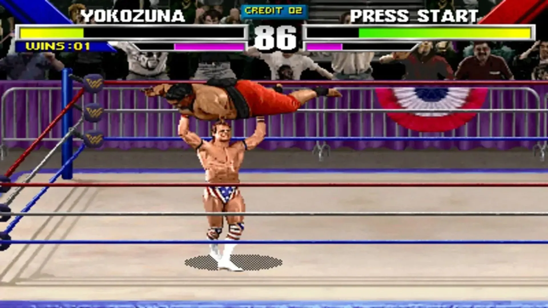 Cảnh gameplay đầy cường điệu của tựa game WWF WrestleMania: The Arcade Game với các chiêu thức đặc biệt