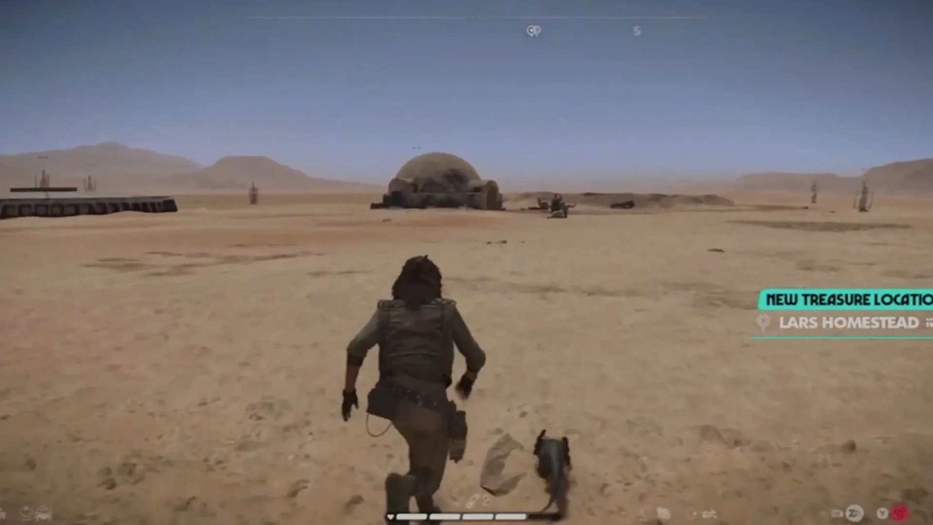 Cảnh gameplay tại Trang trại Lars Homestead mang tính biểu tượng trên hành tinh sa mạc Tatooine trong Star Wars Outlaws