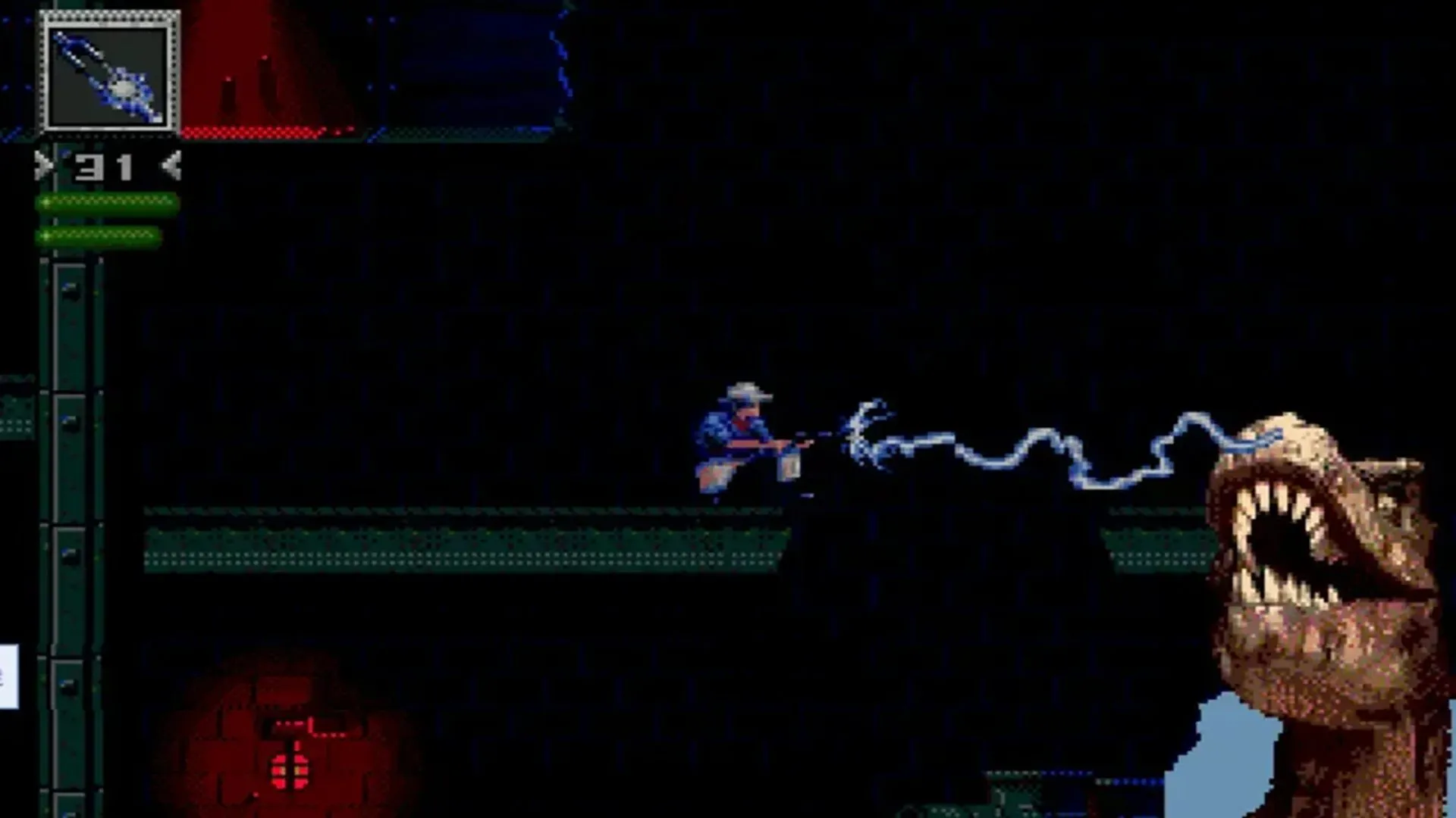 Cảnh gameplay từ game Jurassic Park trên Sega Genesis, thể hiện cuộc phiêu lưu của Dr. Grant giữa bầy khủng long.