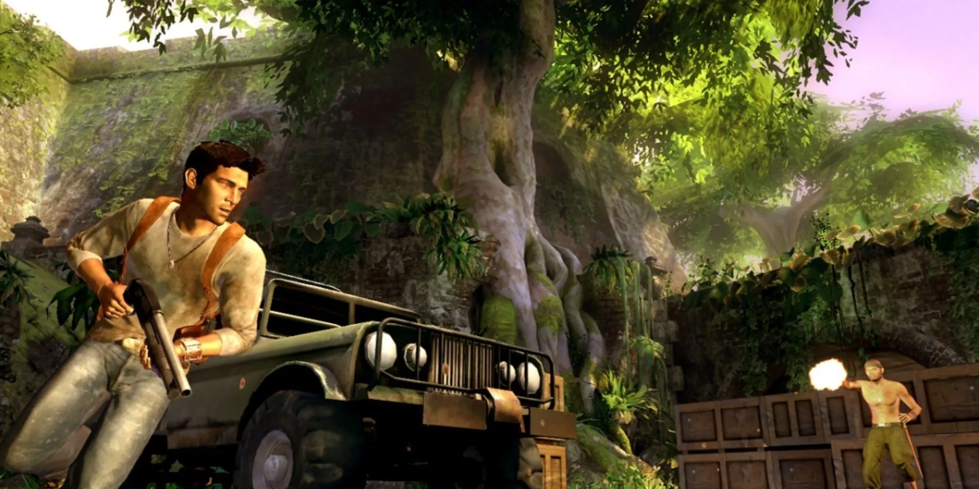 Cảnh hành động của Nathan Drake trong Uncharted Drake's Fortune