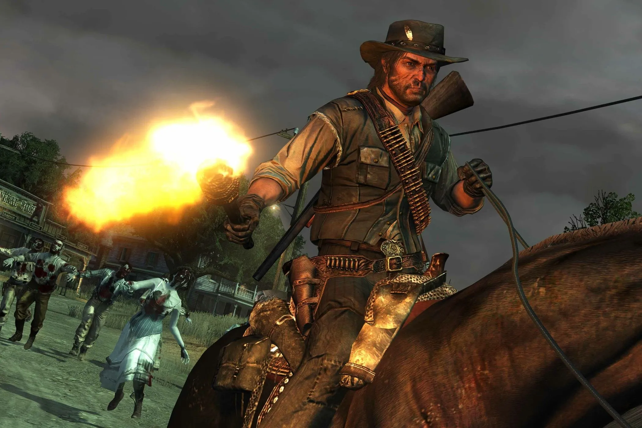 Cảnh một người cưỡi ngựa cầm đuốc giữa đám zombie trong Red Dead Redemption Undead Nightmare