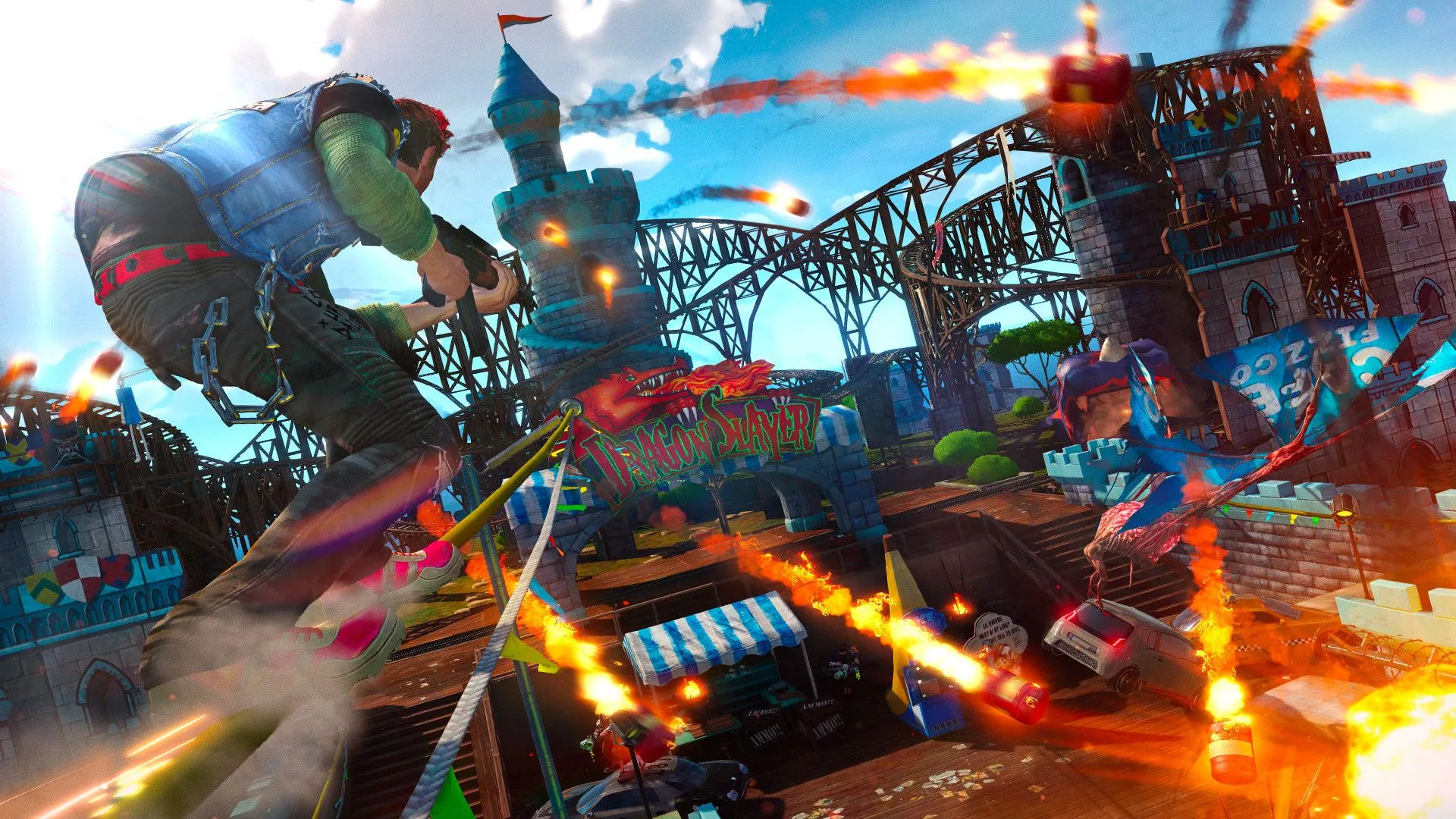 Cảnh nhân vật trượt ván trên đường ray trong game Sunset Overdrive, thể hiện gameplay hành động linh hoạt