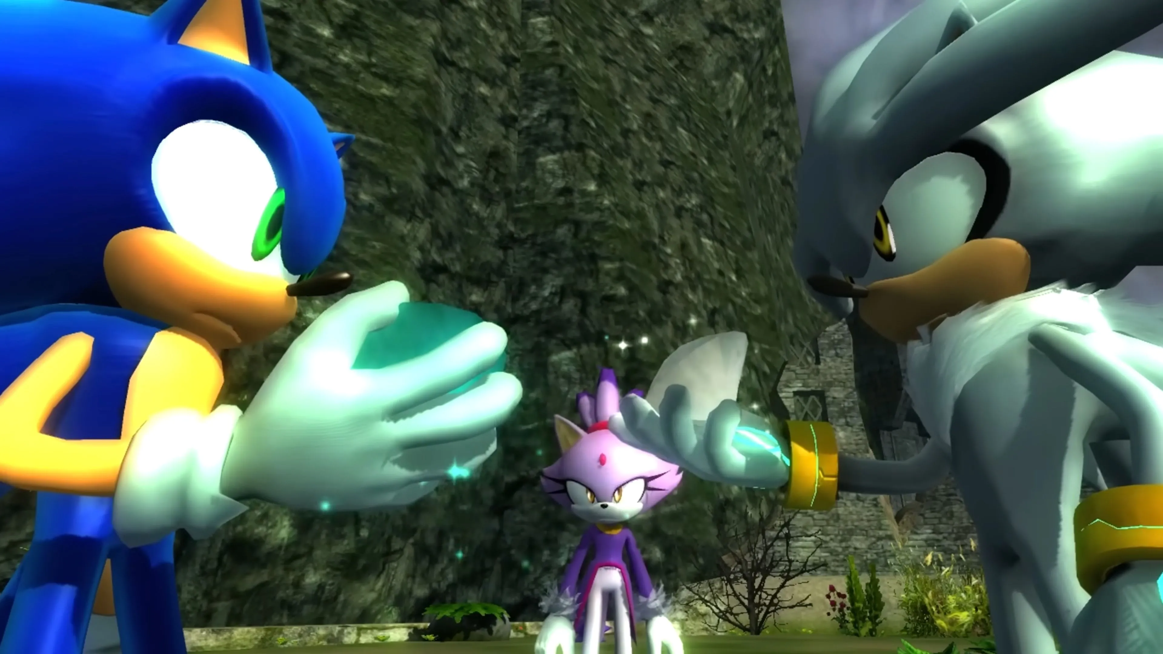 Cảnh Sonic và Silver đối mặt trong game Sonic the Hedgehog (2006)
