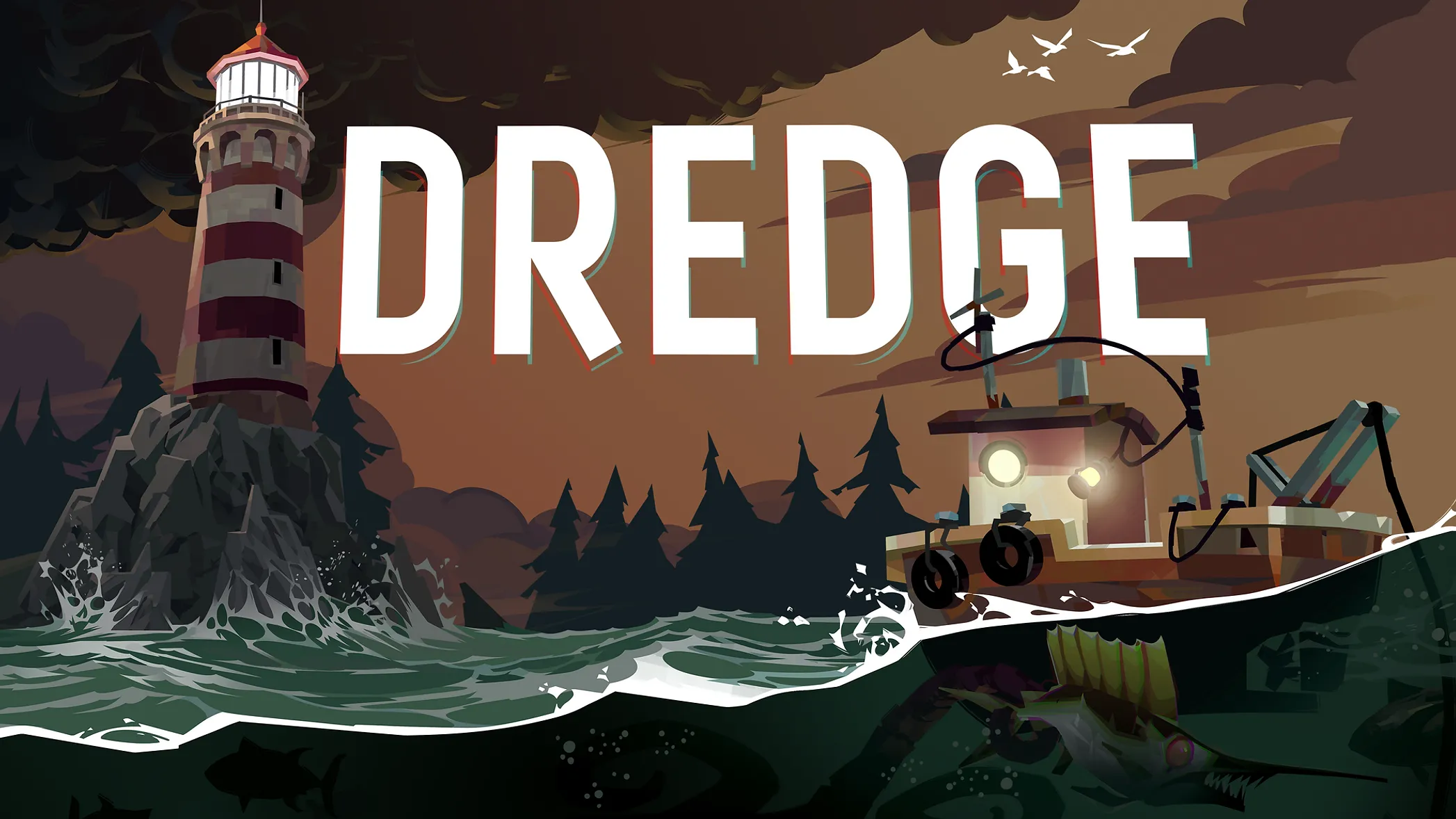 Cảnh trong game Dredge với tàu đánh cá giữa biển đêm và những hòn đảo bí ẩn