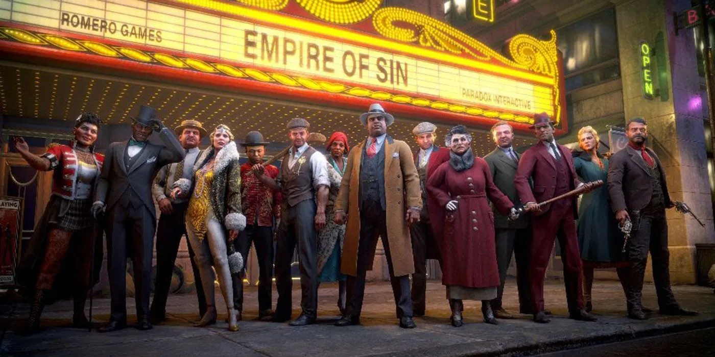 Cảnh tượng một nhà hát kiểu cổ điển tại Chicago trong game Empire of Sin, với các nhân vật theo phong cách gangster