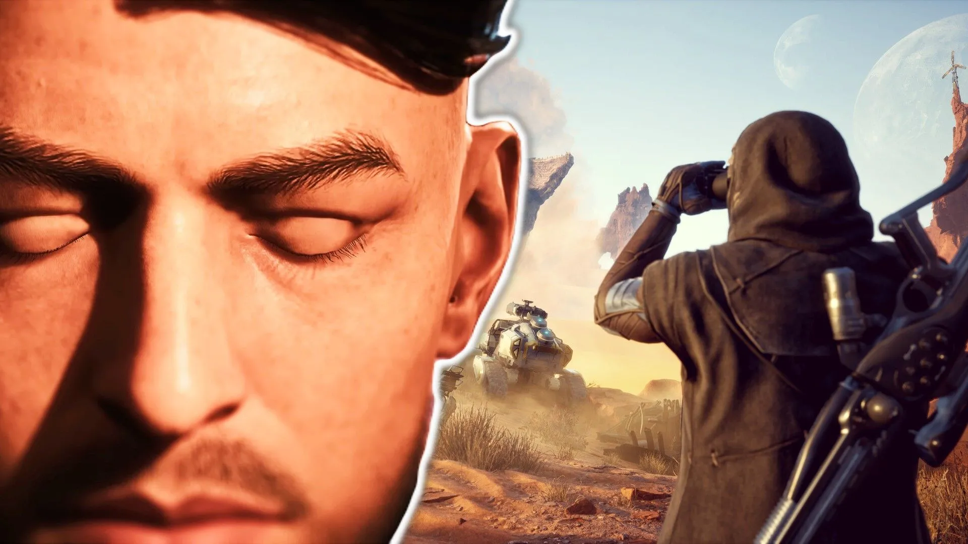 Cảnh tượng từ game Dune: Awakening MMO, với nhân vật chính và một người khác sử dụng ống nhòm, gợi mở về thế giới game sắp ra mắt.