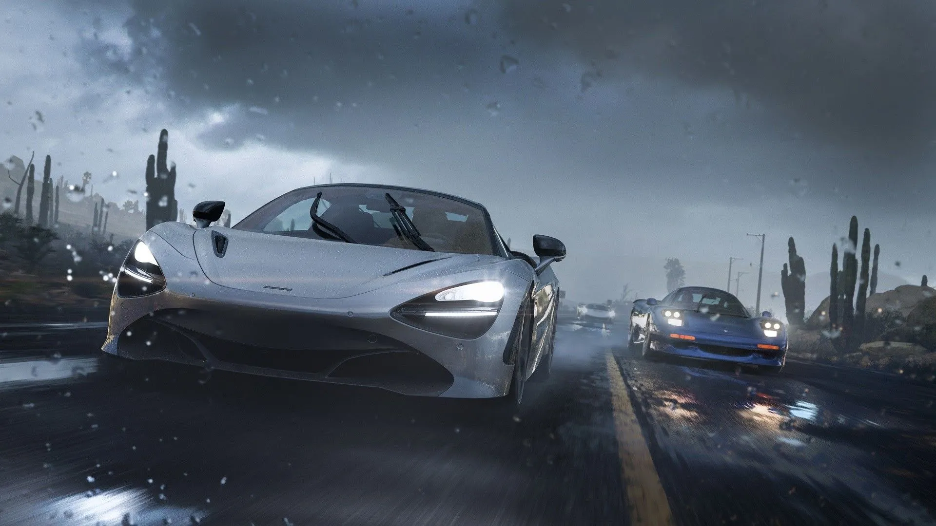 Cảnh xe đua dưới mưa trong game Forza Horizon 5, minh họa đồ họa ấn tượng của game