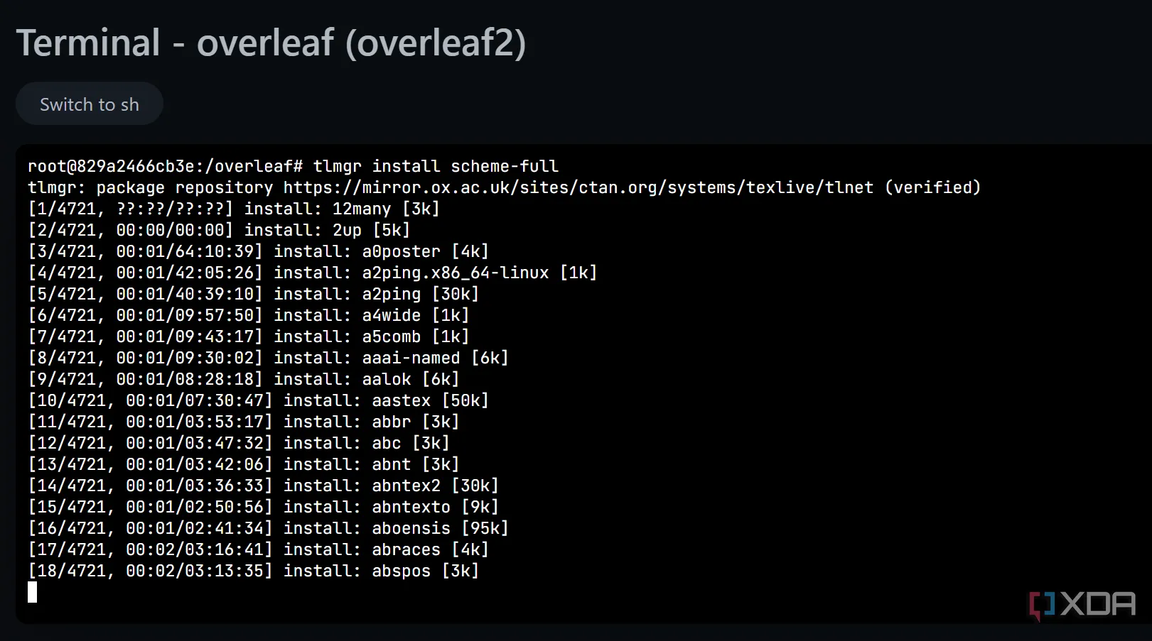 Cập nhật các gói LaTeX trong Overleaf tự host qua terminal