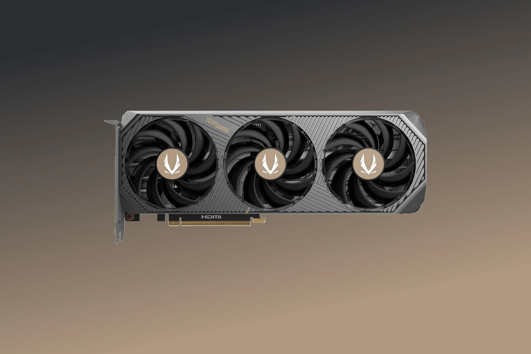 Card đồ họa Zotac Solid GeForce RTX 5070 nổi bật với điểm nhấn màu đồng.