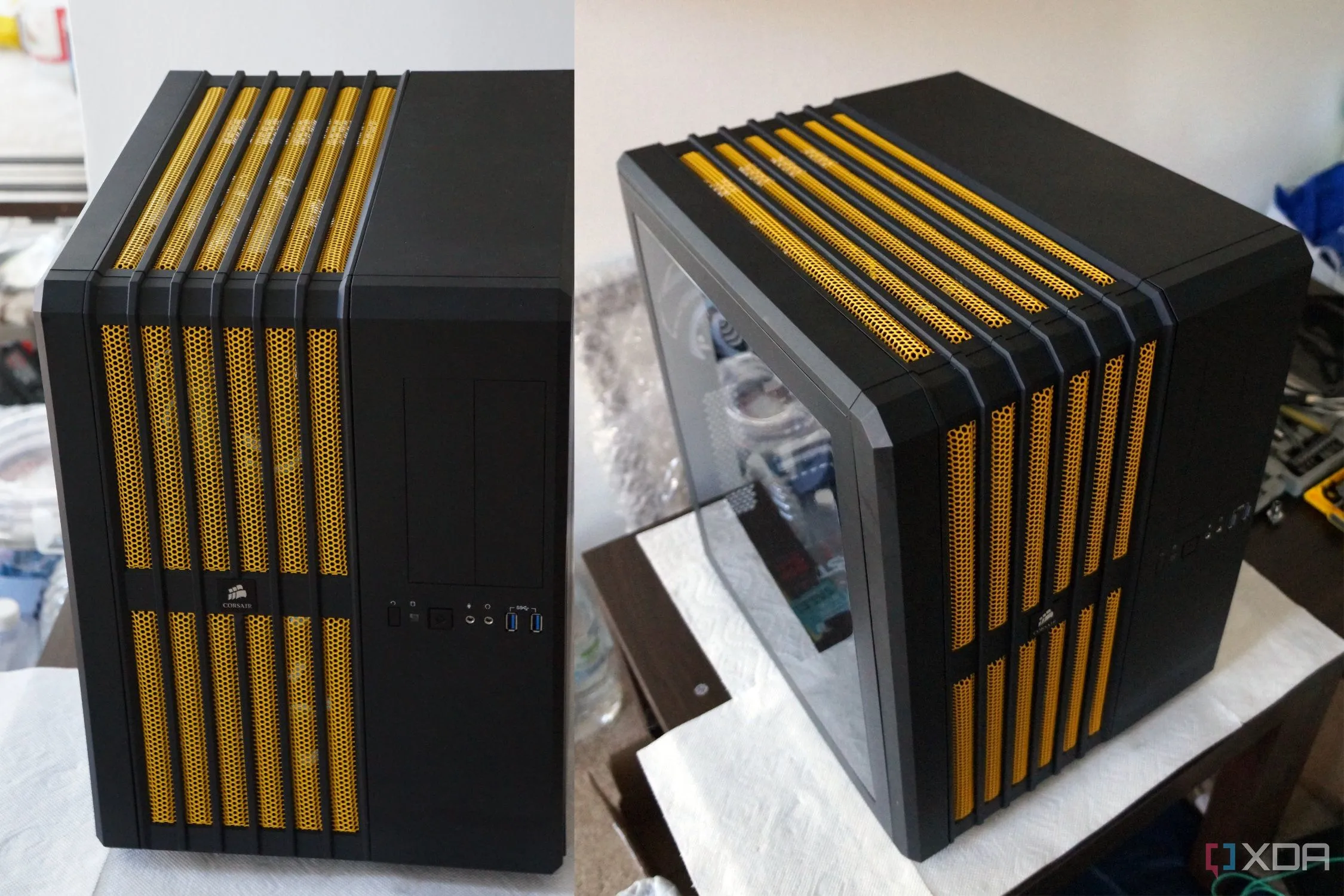 Case Corsair Air 540 màu vàng nhìn từ hai góc độ, thể hiện thiết kế buồng đôi