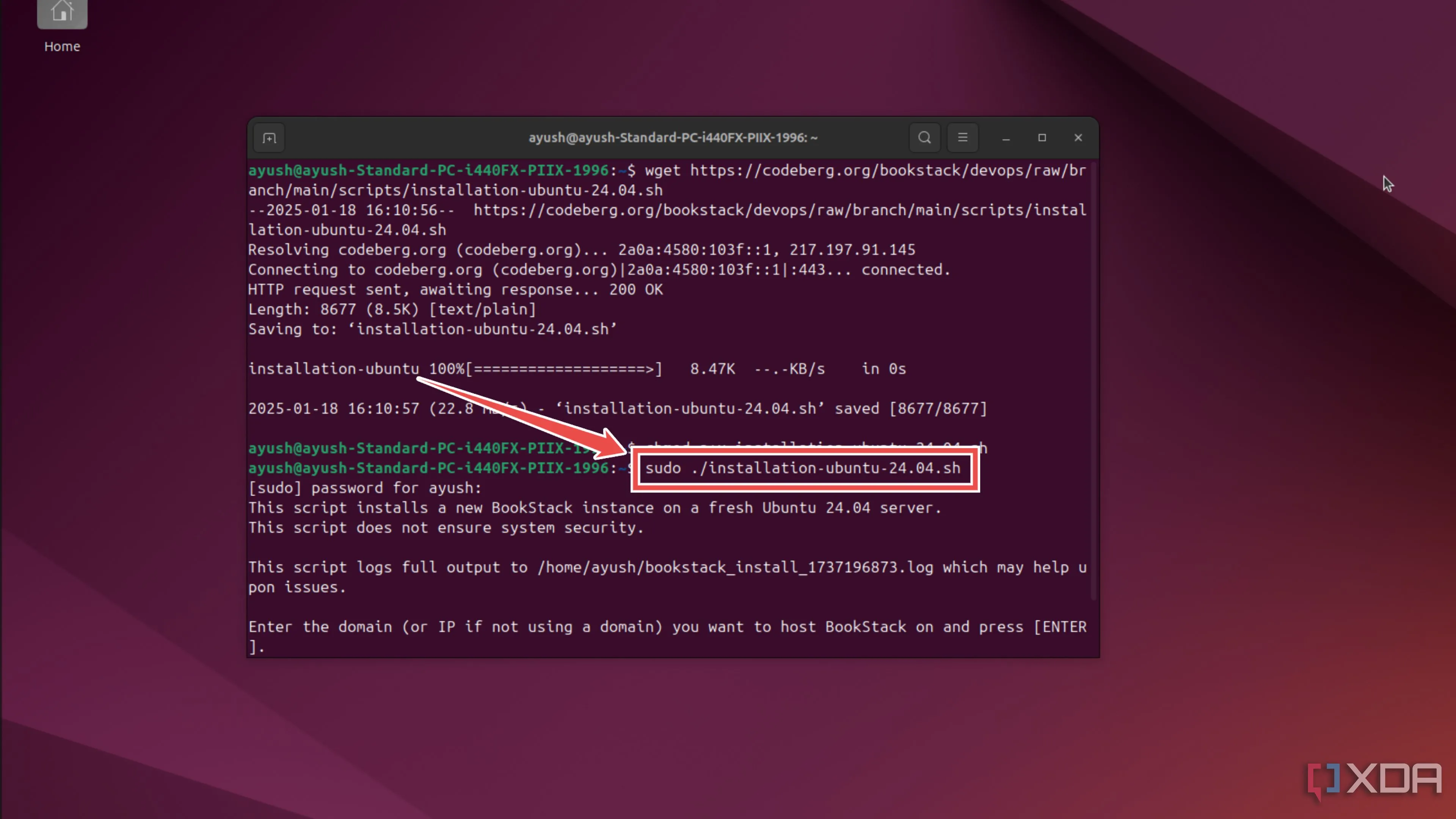 Chạy script cài đặt BookStack trên Ubuntu để bắt đầu quá trình thiết lập