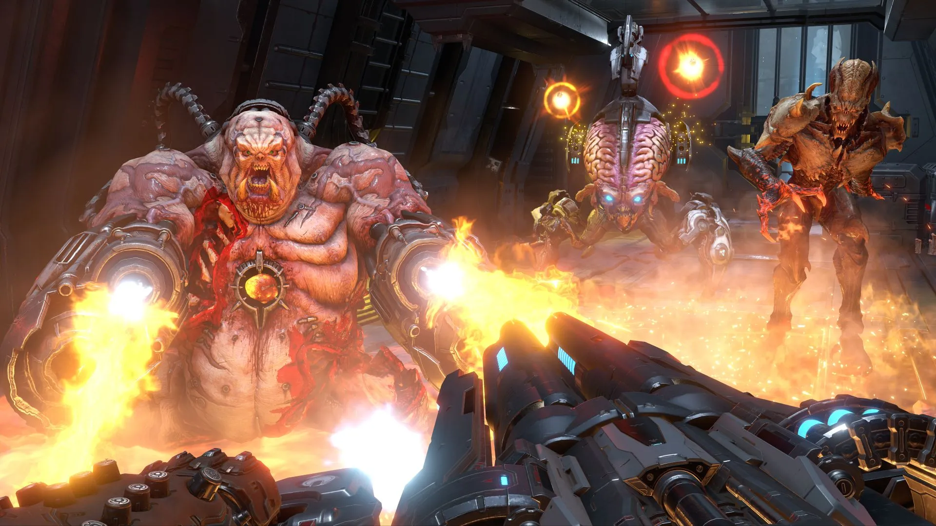 Chế độ Battlemode trong Doom Eternal, với Doom Slayer đối đầu với hai quỷ dữ trong một trận chiến đa người chơi