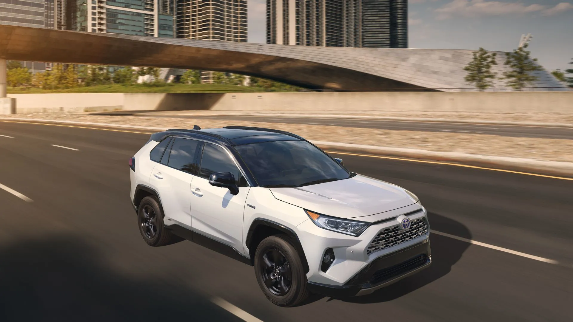 Chiếc Toyota RAV4 2019 màu trắng di chuyển trên đường cao tốc giữa lòng thành phố, minh họa sự phổ biến và tính tiện dụng của dòng xe SUV này.