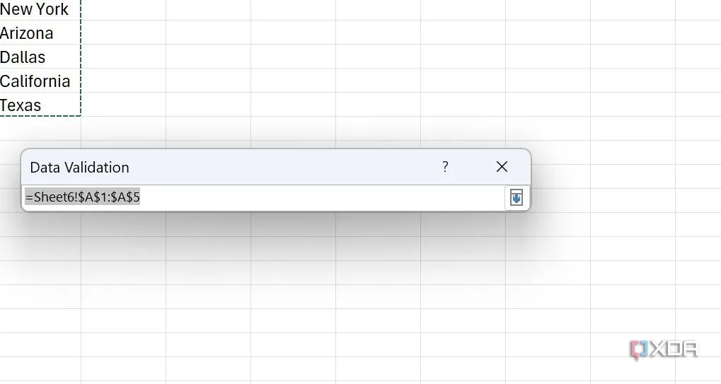 Chọn phạm vi dữ liệu nguồn để tạo danh sách Data Validation trong Excel.