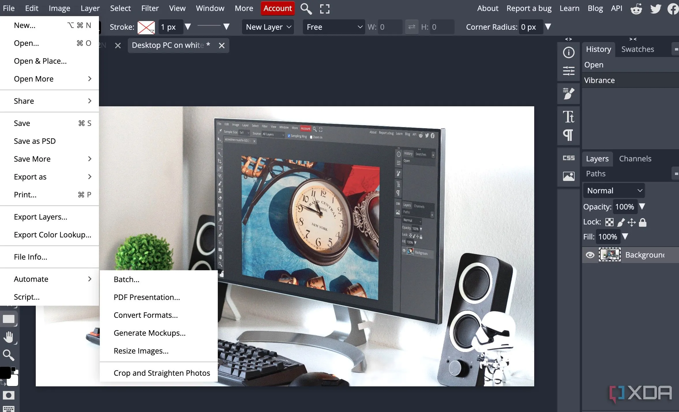 Chức năng tự động hóa và hỗ trợ scripting trong Photopea giúp tối ưu hóa quy trình làm việc.
