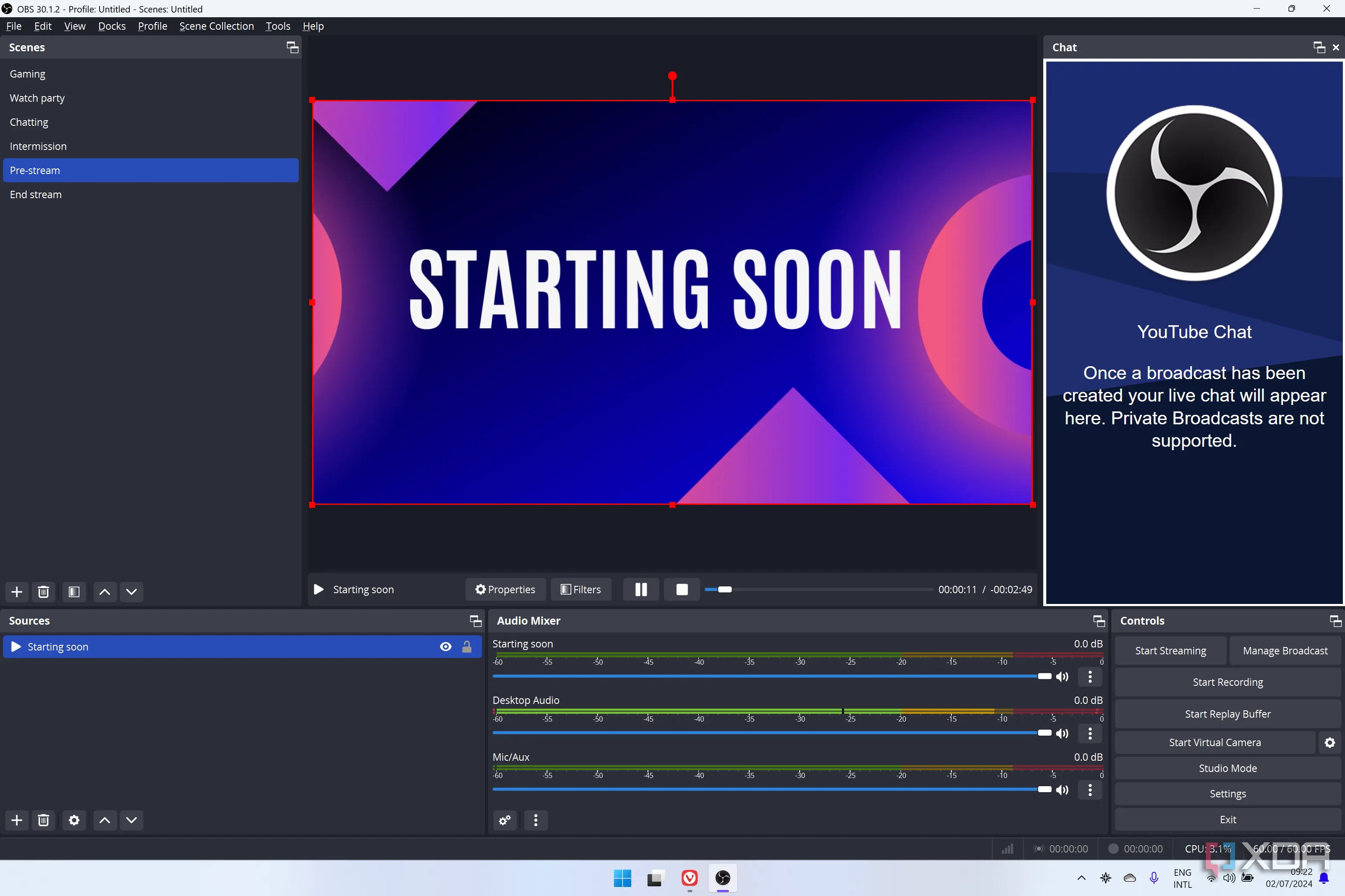 Chụp màn hình giao diện OBS Studio hiển thị một cảnh đã thiết lập, minh họa khả năng quản lý các nguồn phát và bố cục phức tạp cho livestream hoặc ghi hình chuyên nghiệp.