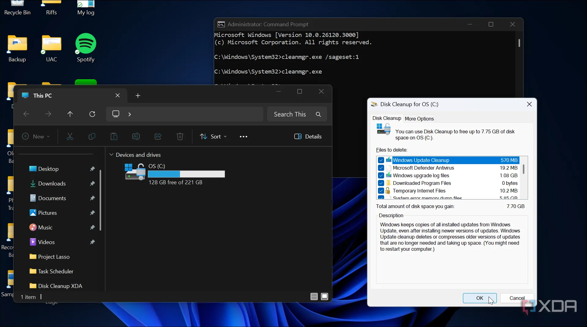 Chụp màn hình hiển thị Disk Cleanup được khởi chạy bằng Command Prompt với dung lượng ổ đĩa cục bộ được hiển thị trên Windows 11