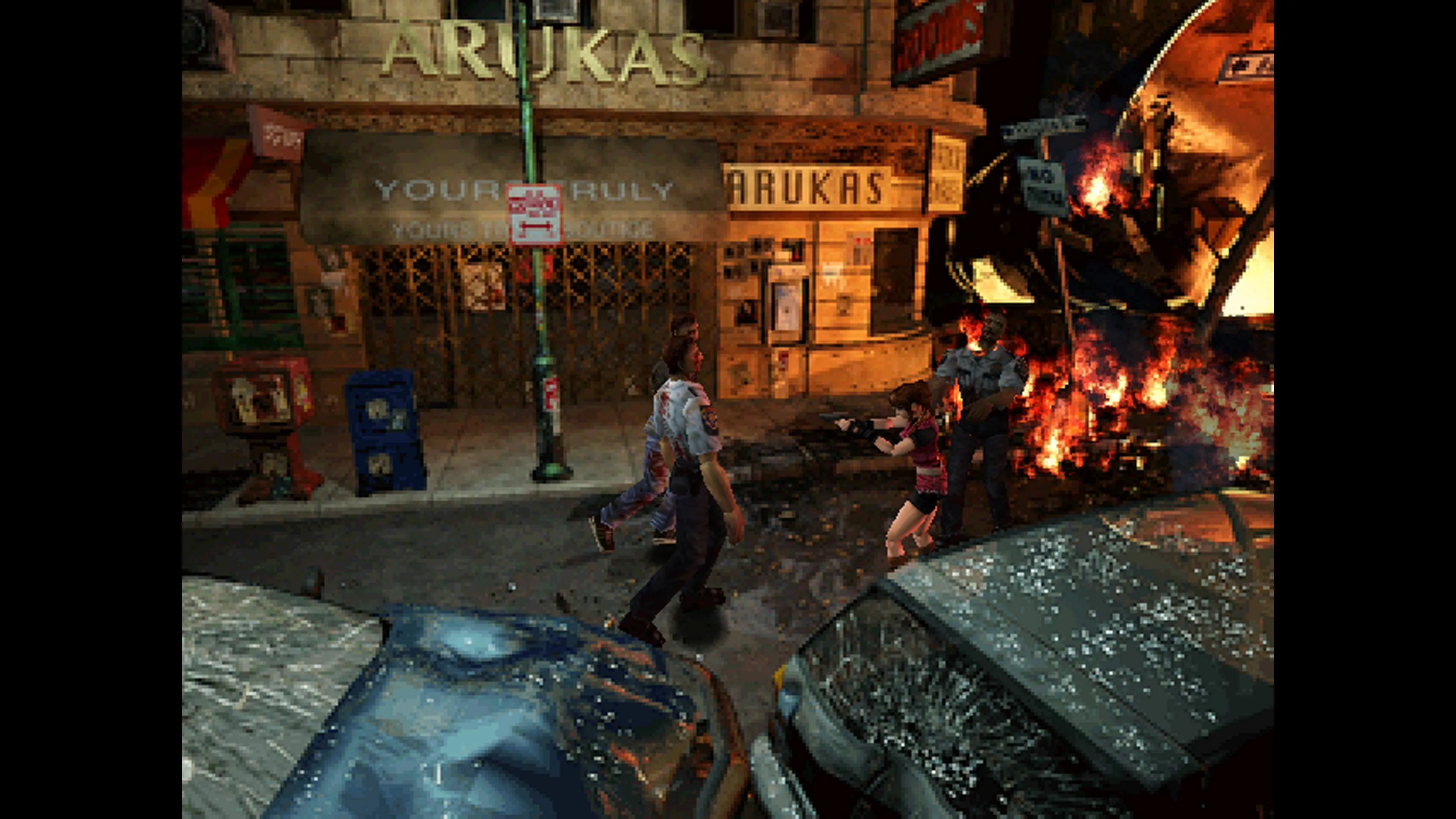 Claire Redfield đối đầu với zombie trong khung cảnh đổ nát của thành phố Raccoon City trong Resident Evil 2