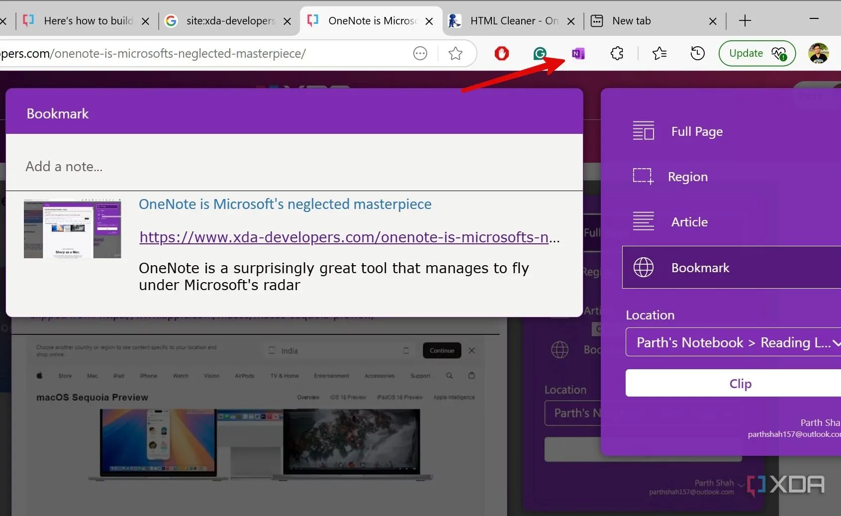 clip a page in OneNote