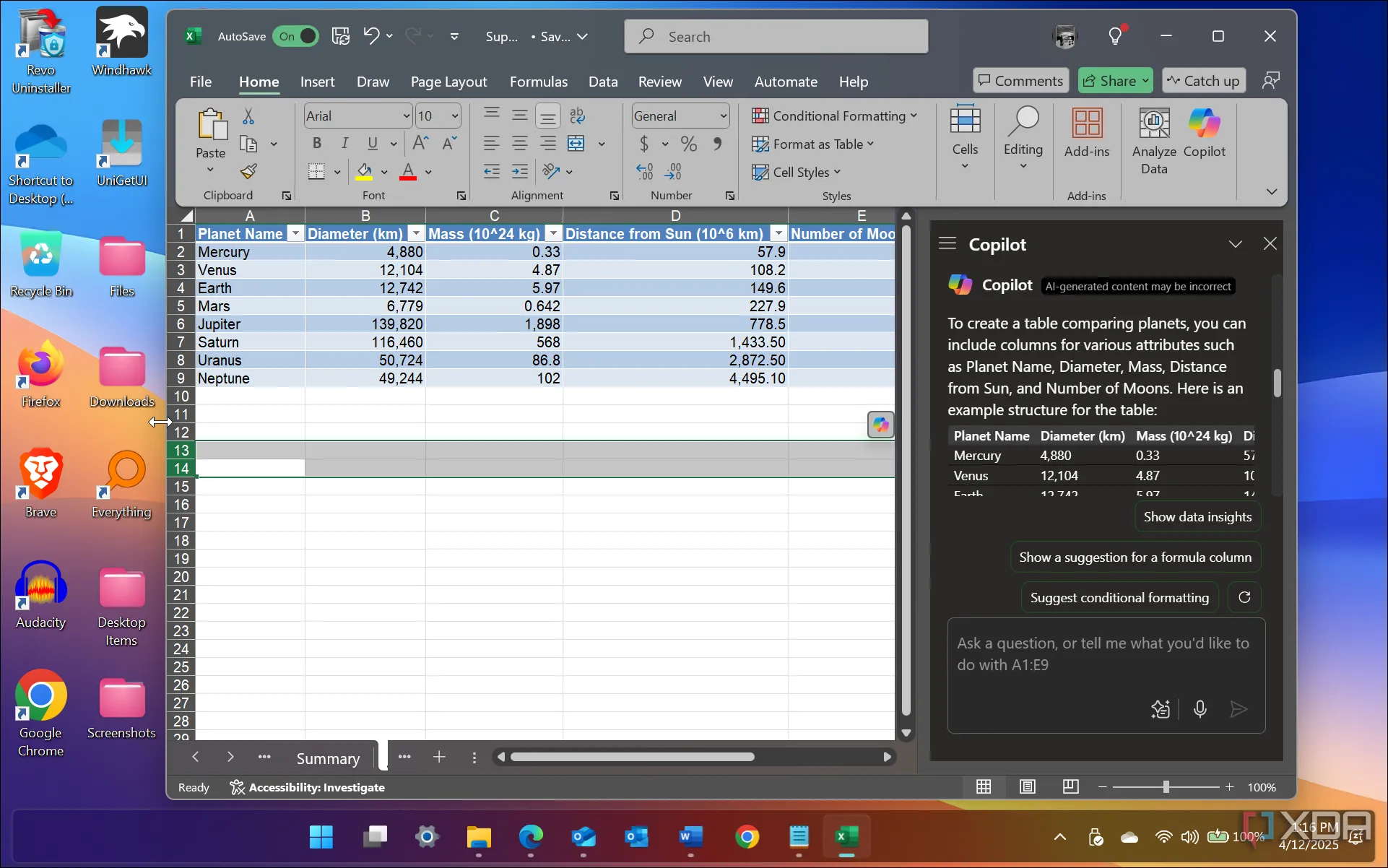 Copilot tạo bảng dữ liệu tự động trong Excel, giúp phân tích và tóm tắt thông tin hiệu quả
