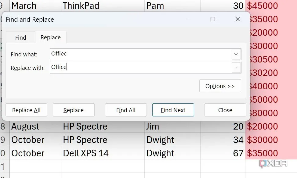 Cửa sổ Find and Replace trong Excel để tìm lỗi và thay thế bằng từ chính xác.