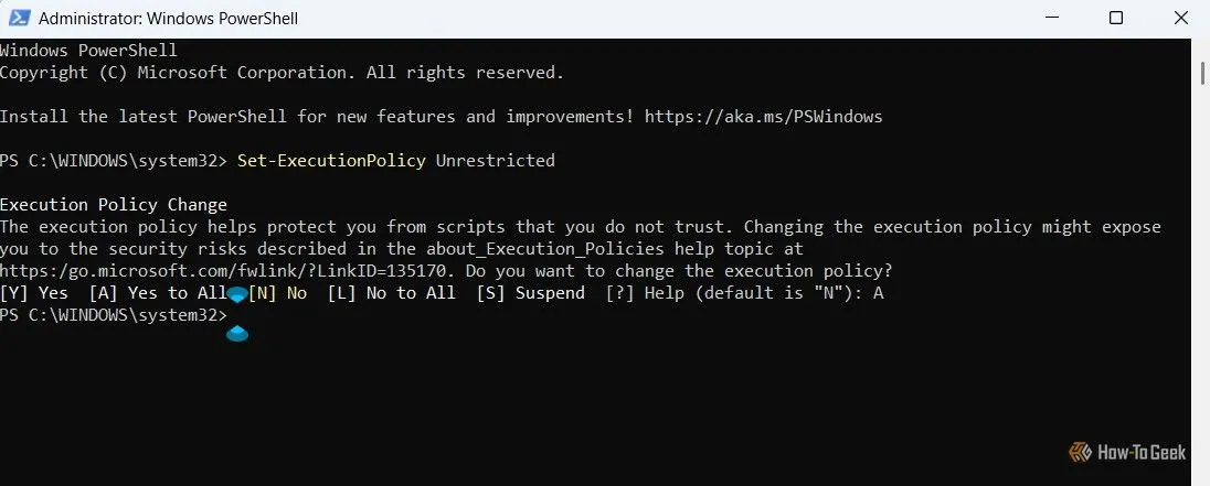 Cửa sổ PowerShell hiển thị lệnh Set-ExecutionPolicy Unrestricted để gỡ bỏ hạn chế thực thi script